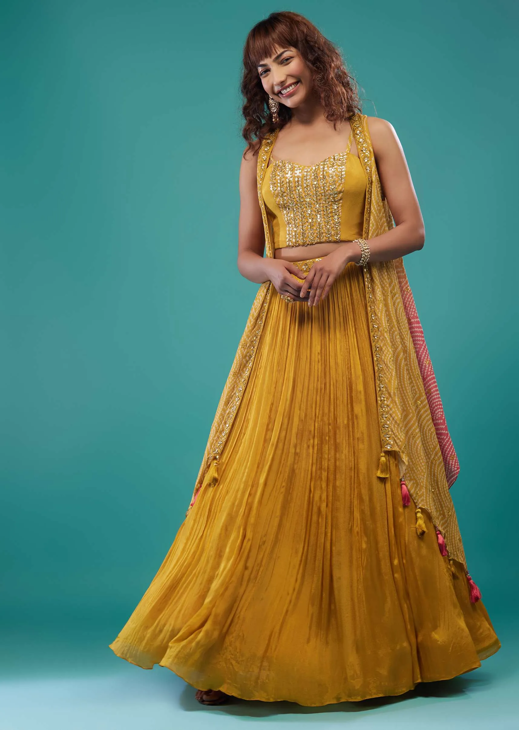 Amber Yellow Embroidered Skirt Crop-Top Set In Chinon