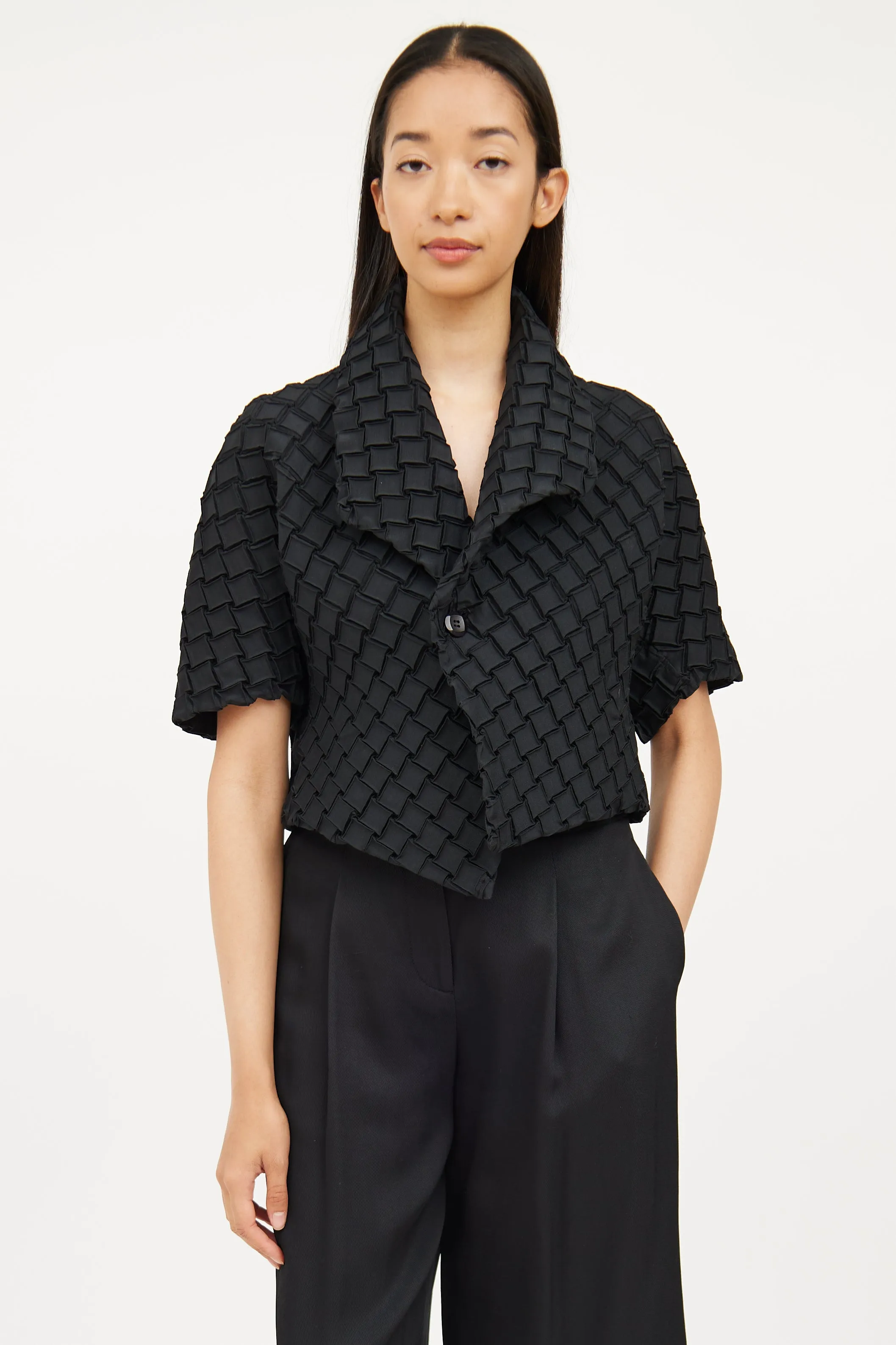Black Square Pleat Short Sleeve Jacket