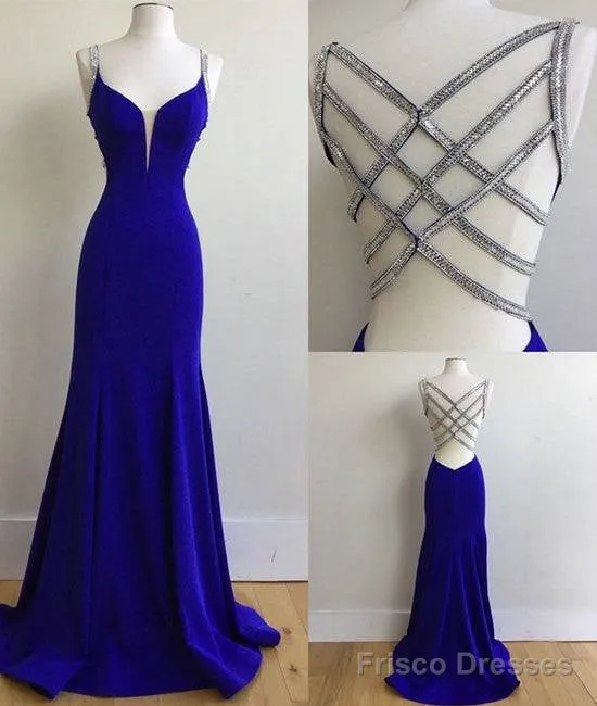 Blue V Neck Sequin Long Prom Dress, Unique Blue Evening Dress