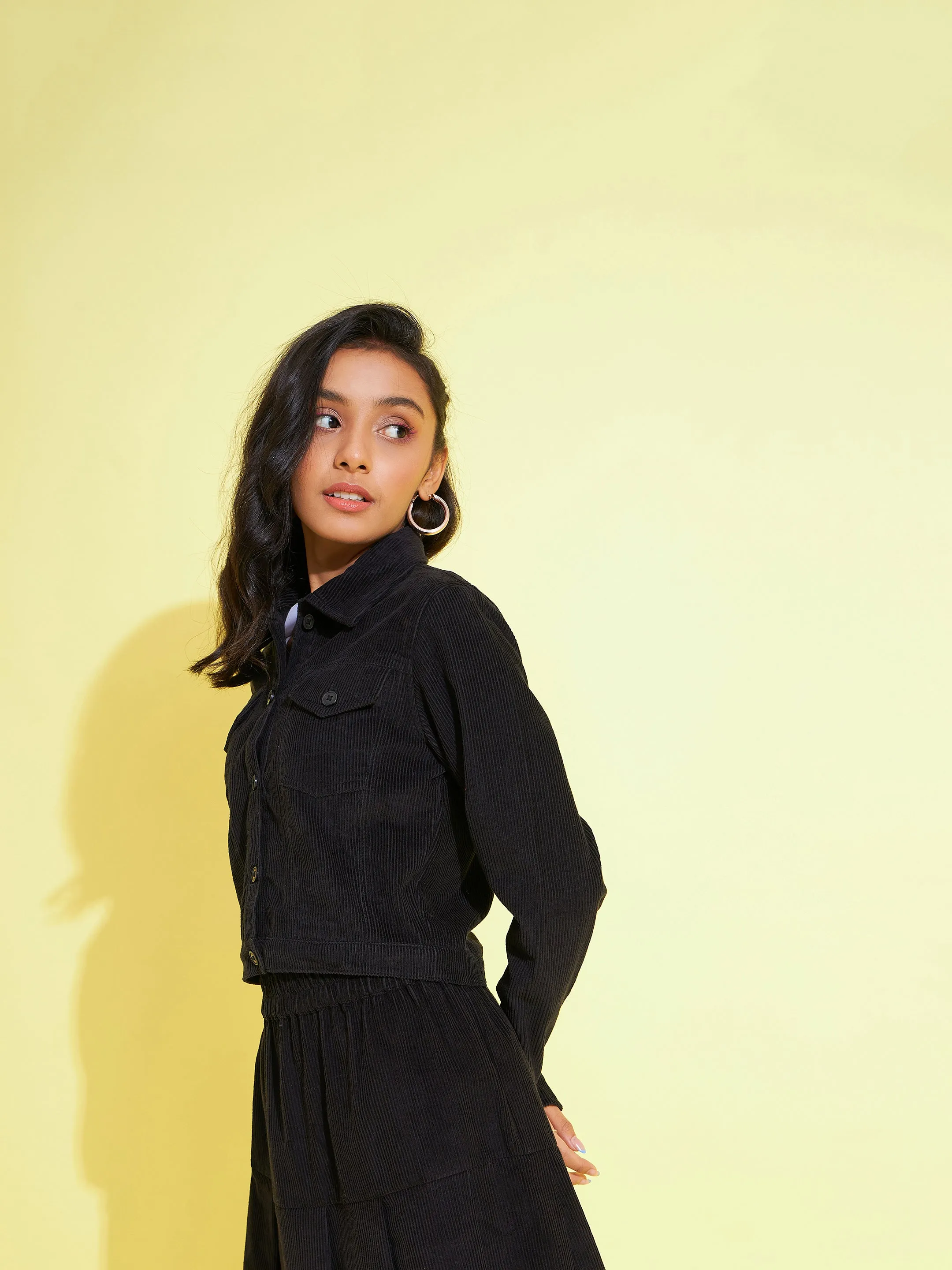 Girls Black Corduroy Crop Jacket - Lyush Kids