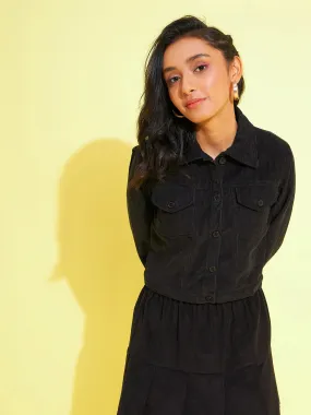 Girls Black Corduroy Crop Jacket - Lyush Kids