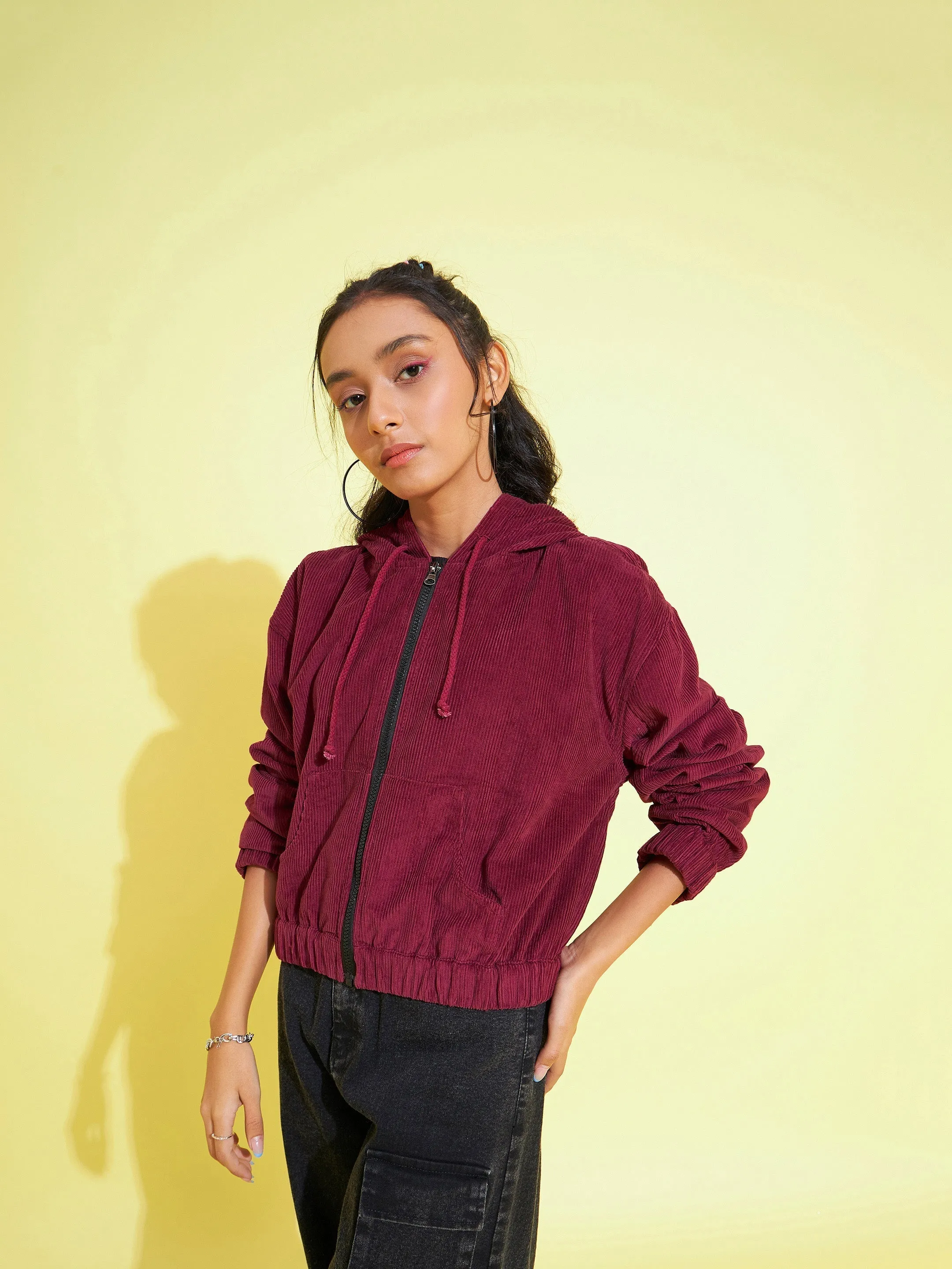 Girls Burgundy Corduroy Hoodie Crop Jacket - Lyush Kids