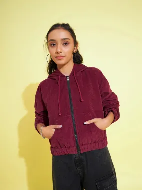 Girls Burgundy Corduroy Hoodie Crop Jacket - Lyush Kids
