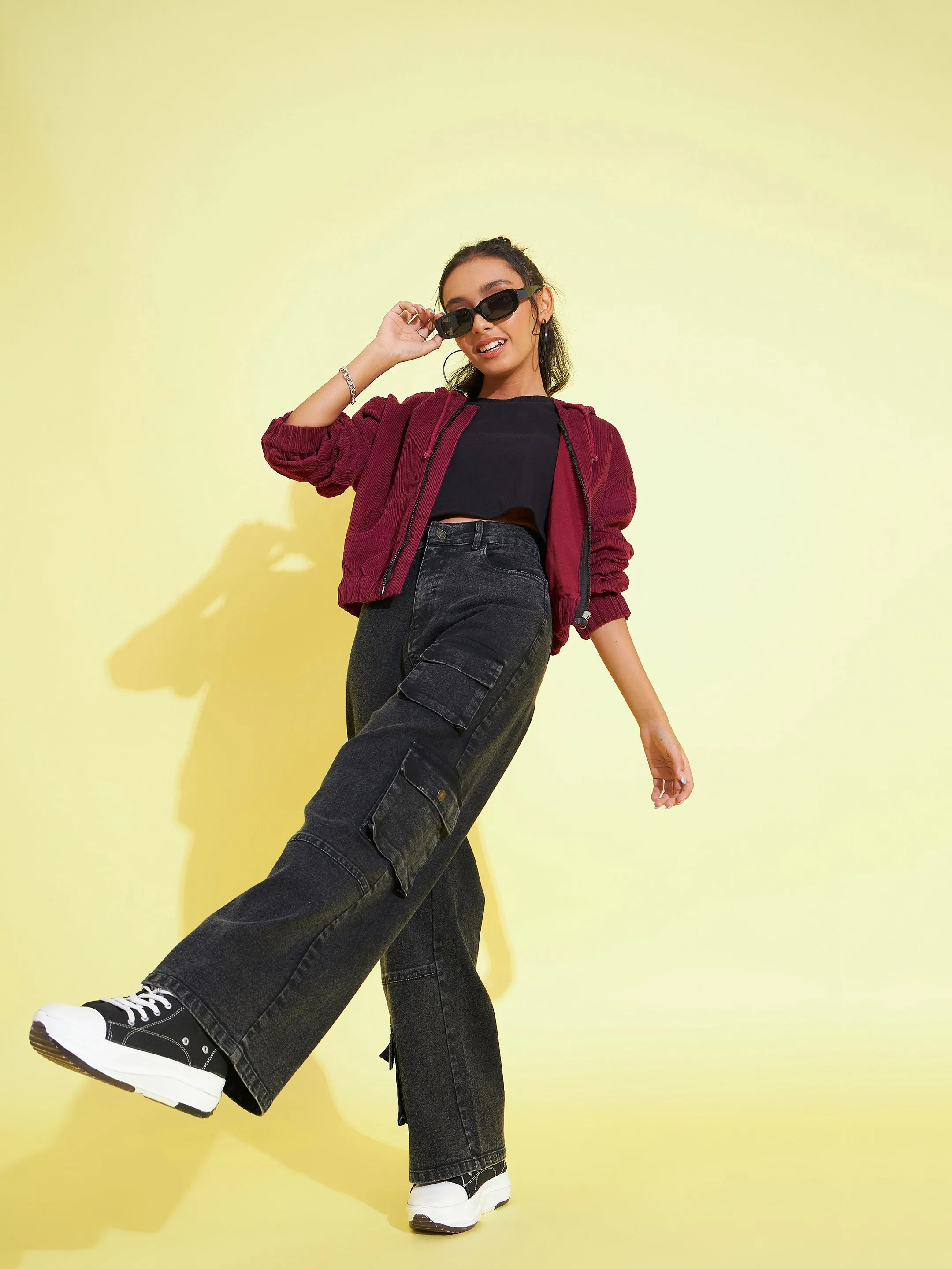 Girls Burgundy Corduroy Hoodie Crop Jacket - Lyush Kids
