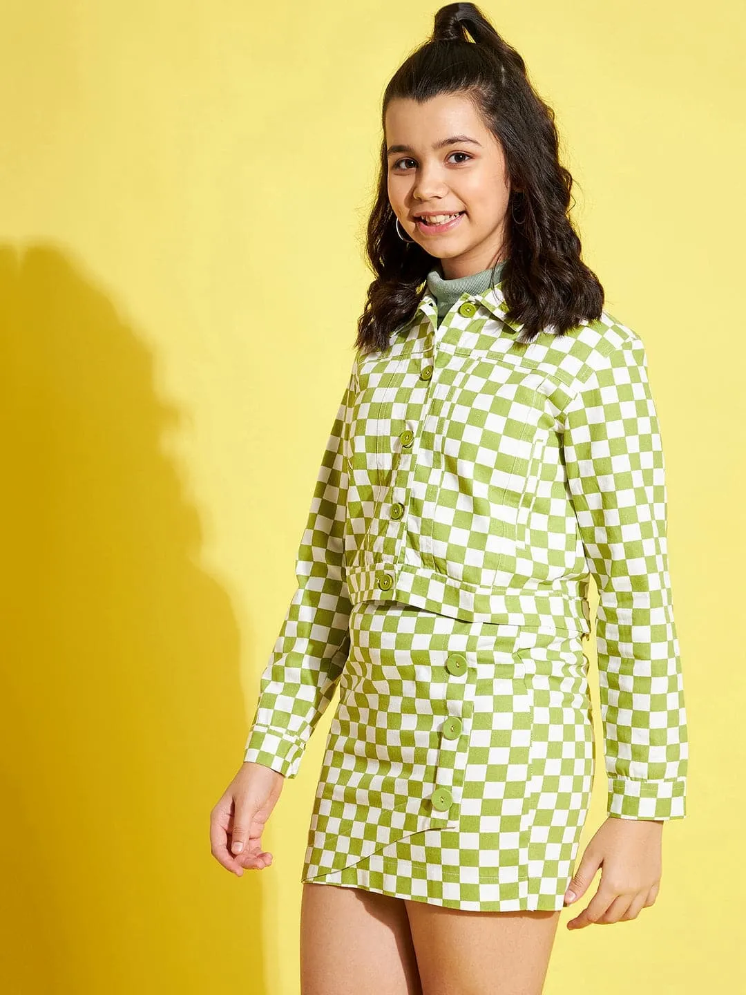 Girls Green & White Geometric Twill Crop Jacket - Lyush Kids