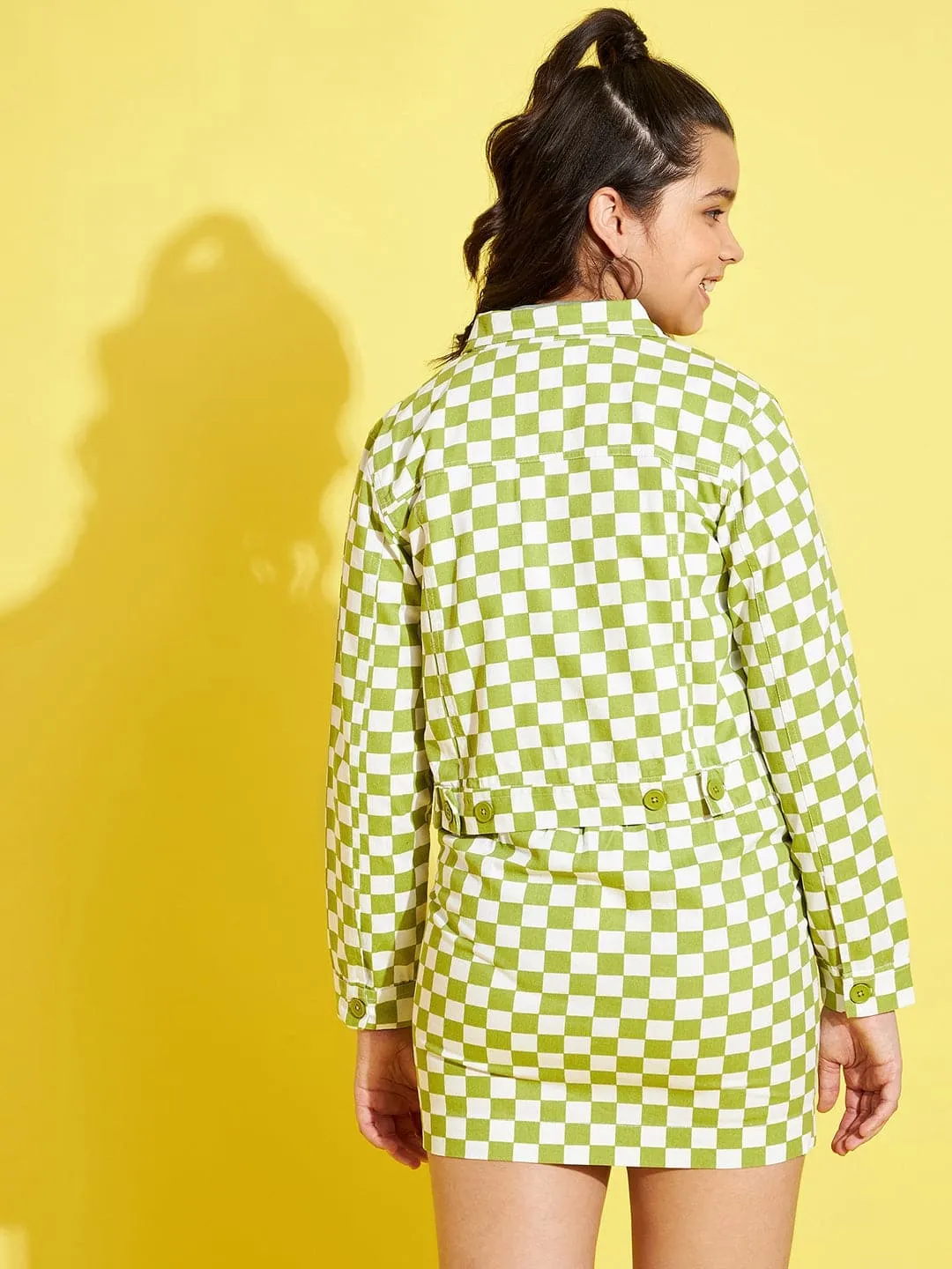 Girls Green & White Geometric Twill Crop Jacket - Lyush Kids