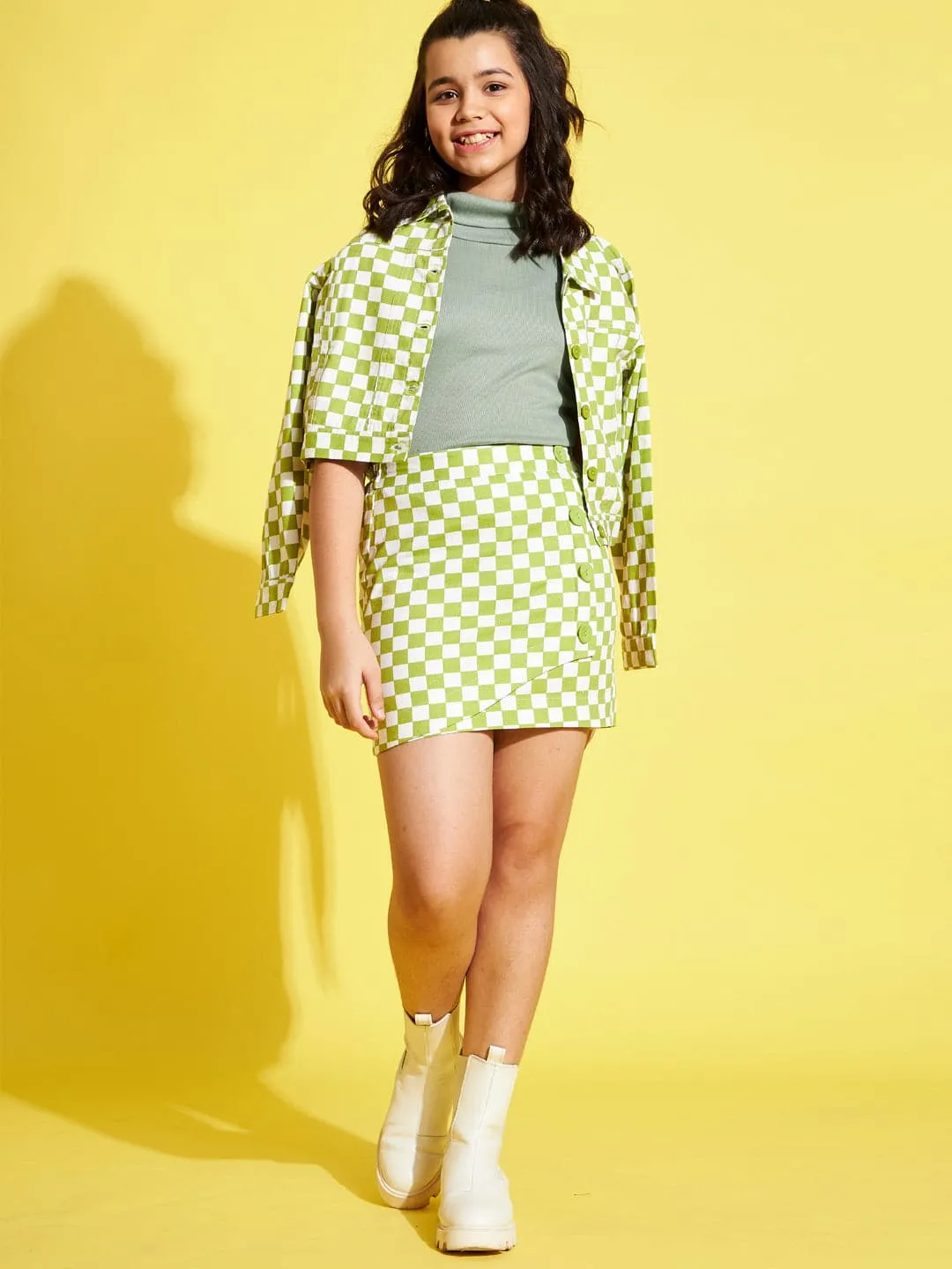 Girls Green & White Geometric Twill Crop Jacket - Lyush Kids