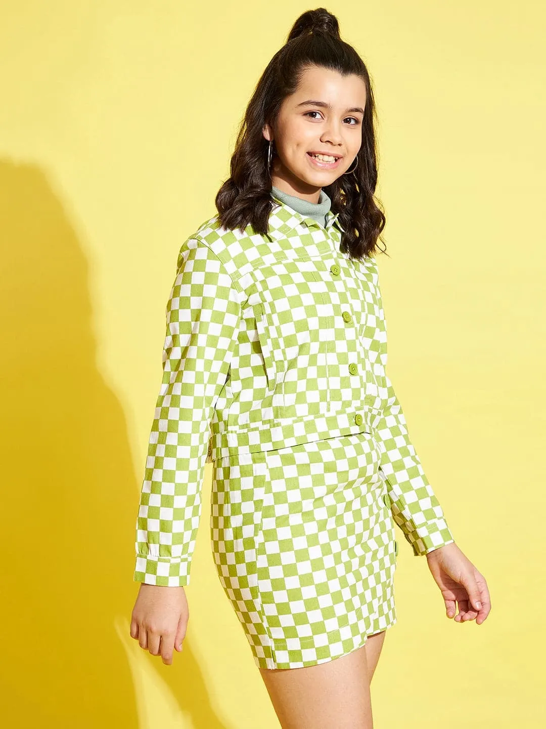 Girls Green & White Geometric Twill Crop Jacket - Lyush Kids