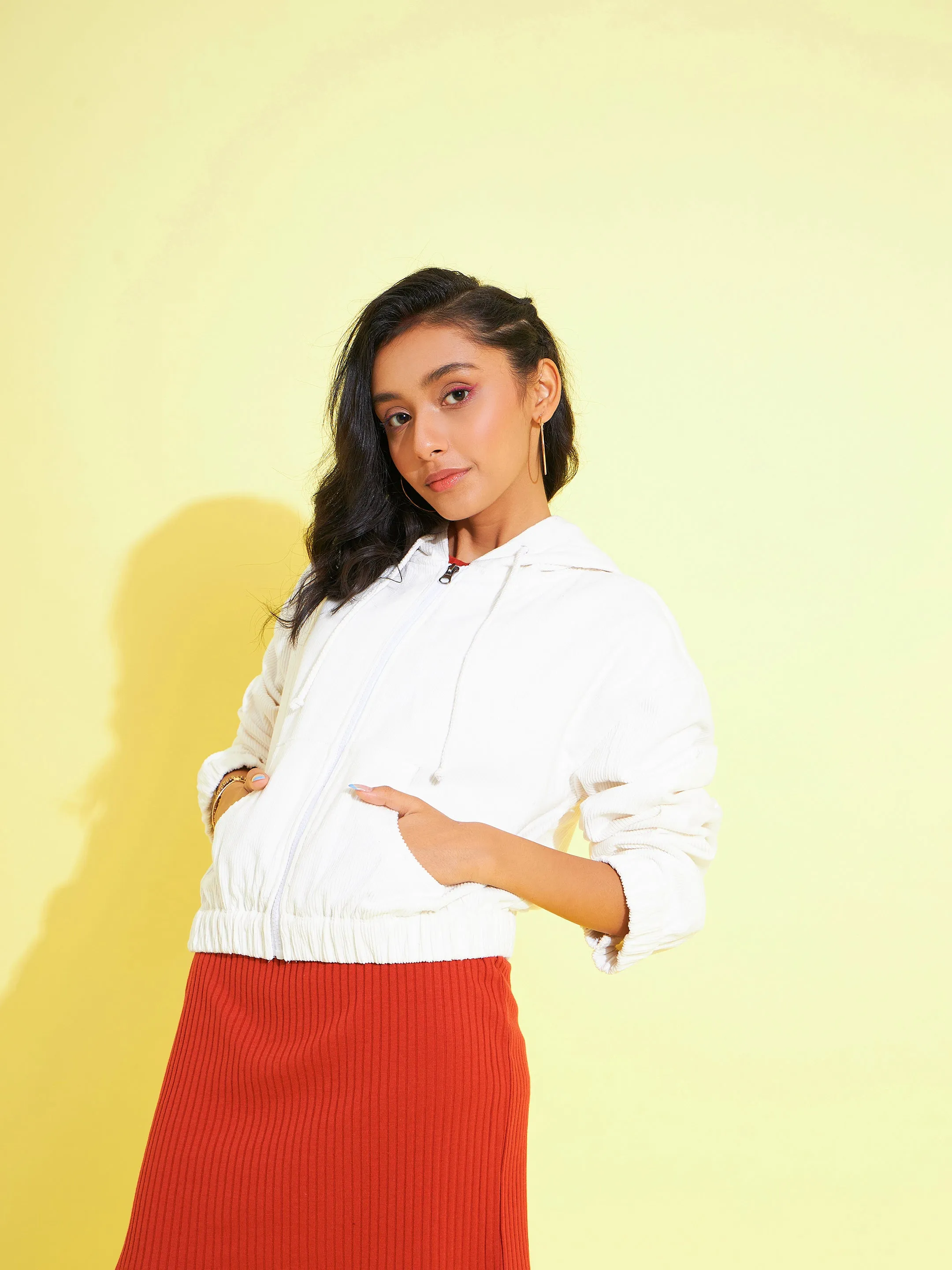 Girls Off White Corduroy Hoodie Crop Jacket - Lyush Kids