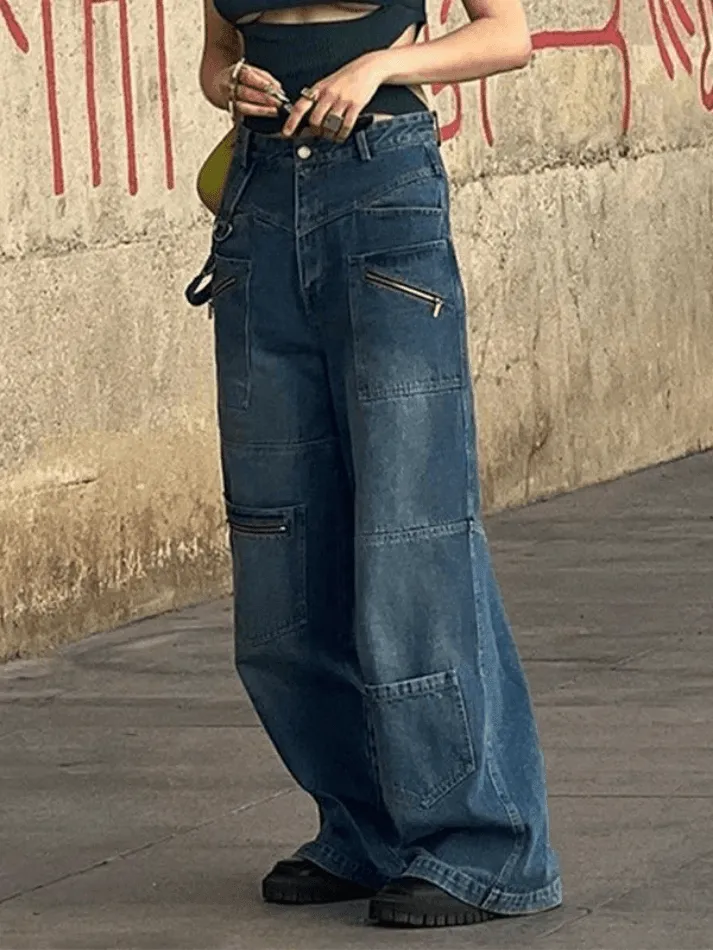 Jean cargo patchwork bleu délavé baggy
