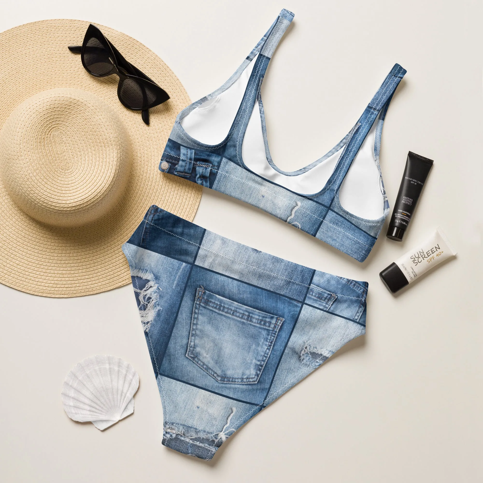 Jean Patchwork Recycled high-waisted bikini