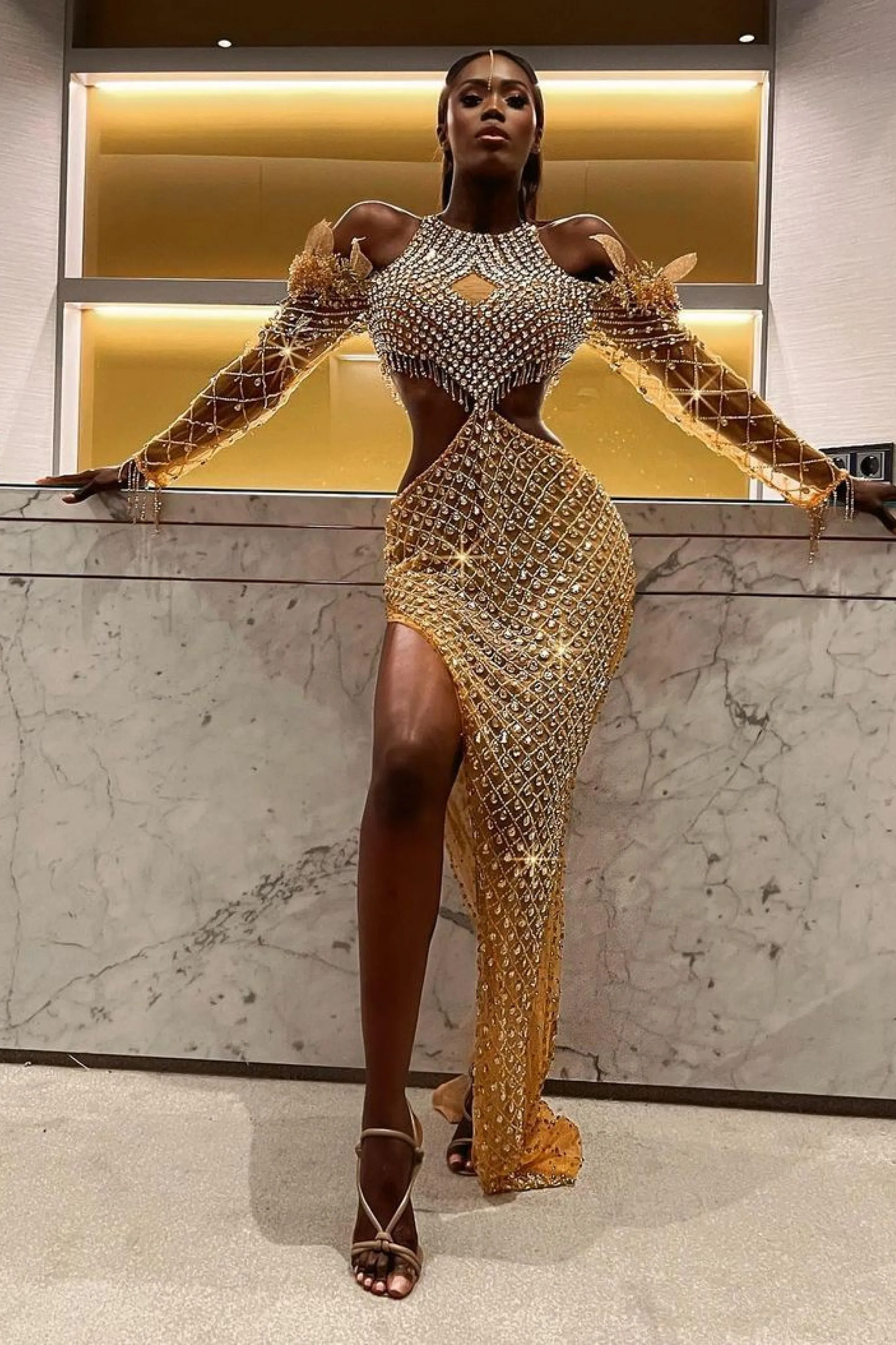 Luxury Gold Mermaid Evening Dress Stones Shiny
