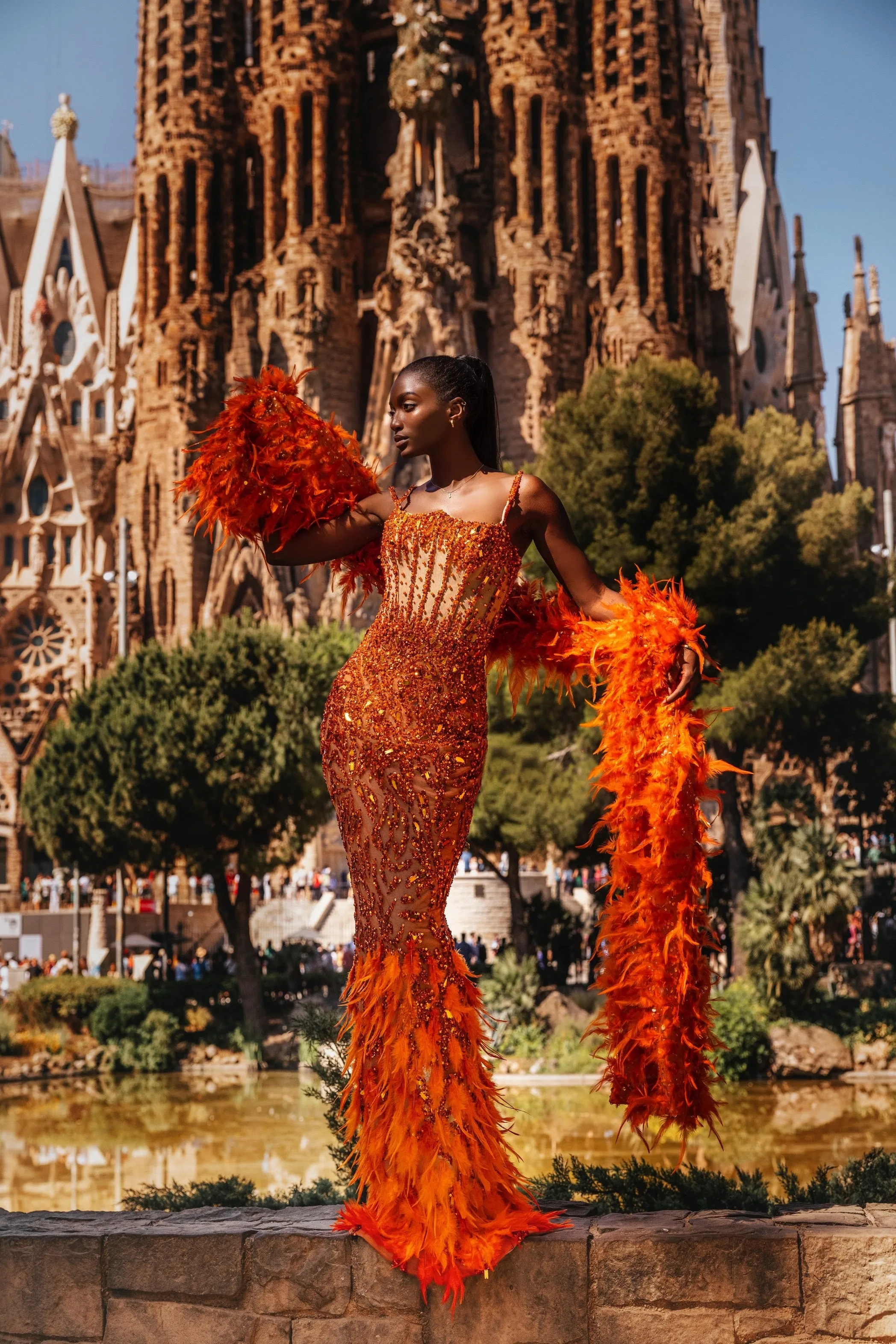 Luxury Orange Mermaid Evening Dress Feather