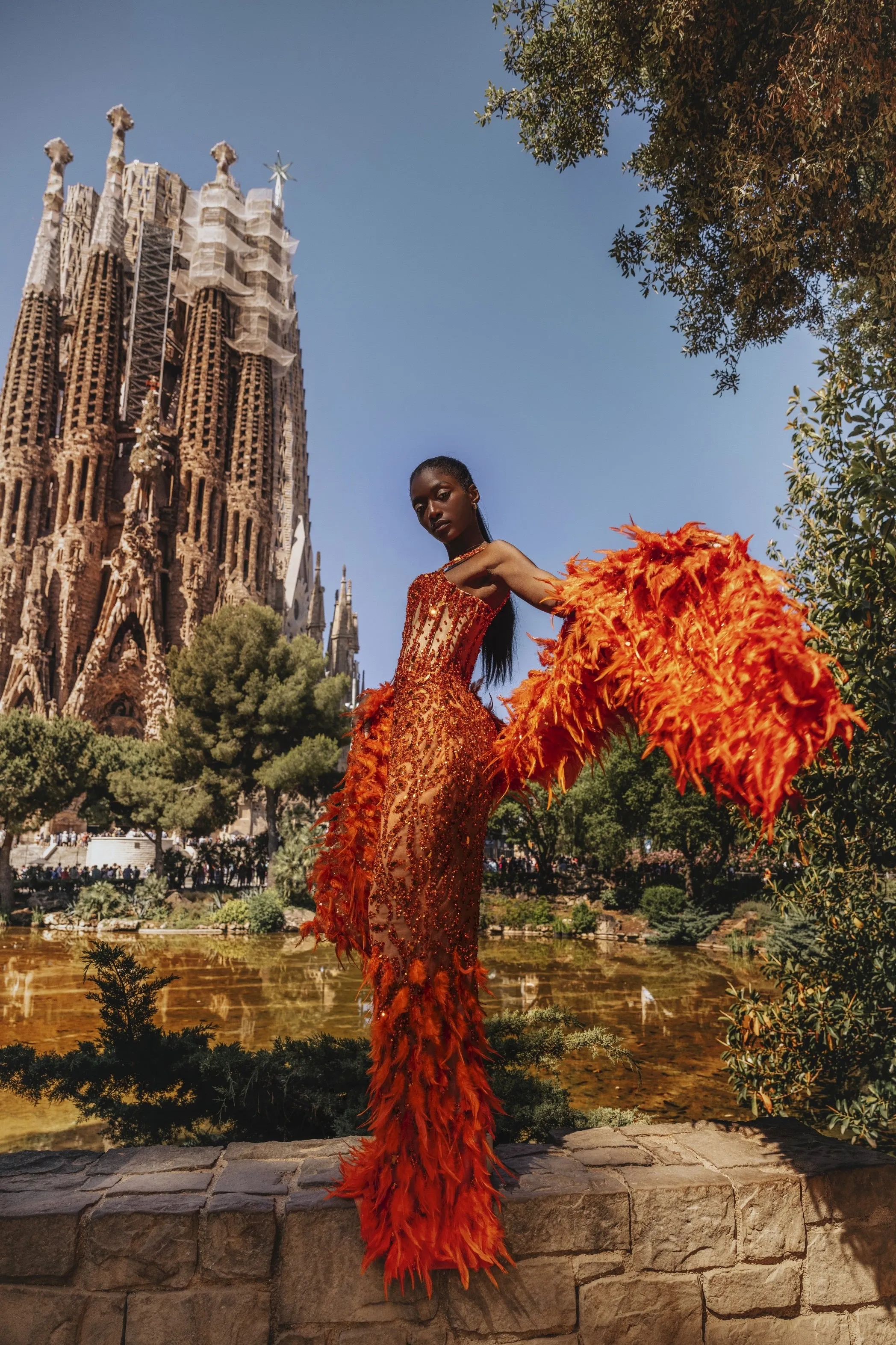 Luxury Orange Mermaid Evening Dress Feather