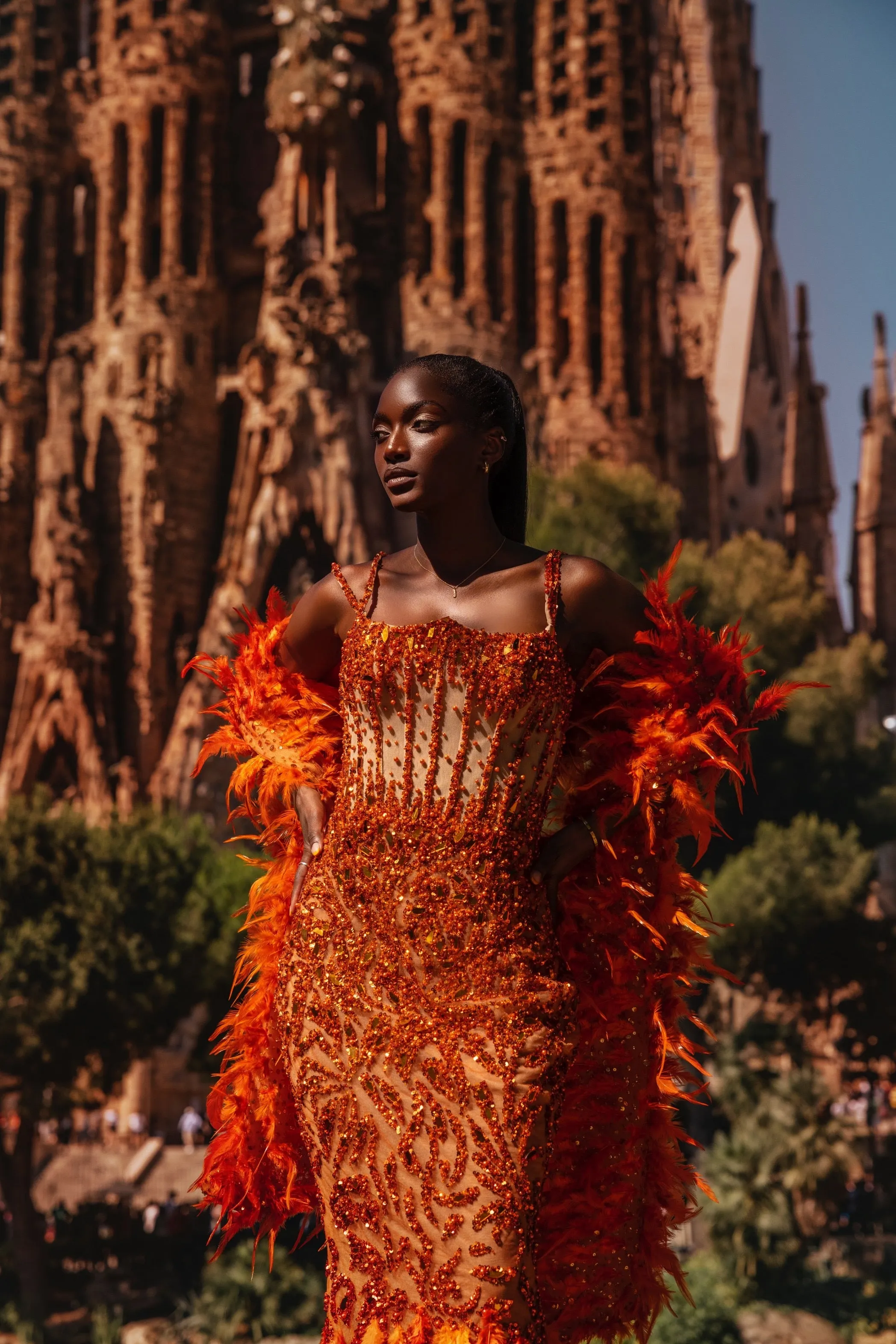 Luxury Orange Mermaid Evening Dress Feather