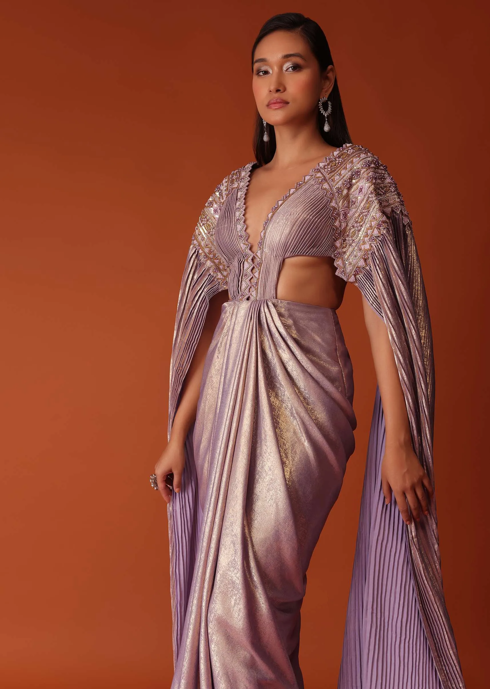 Mauve Purple Embroidered Shimmer Bridesmaid Gown With Fitted Drape