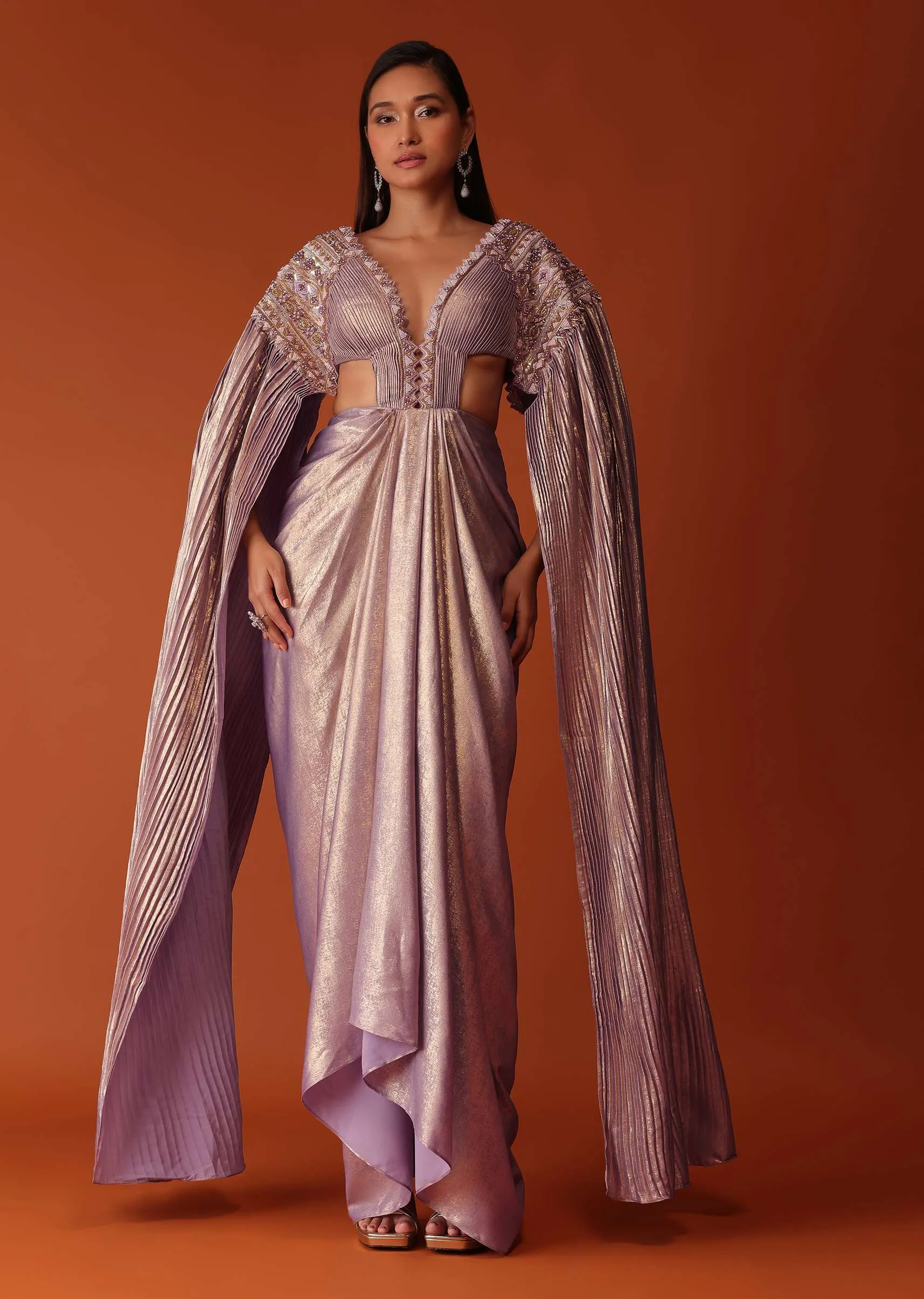 Mauve Purple Embroidered Shimmer Bridesmaid Gown With Fitted Drape