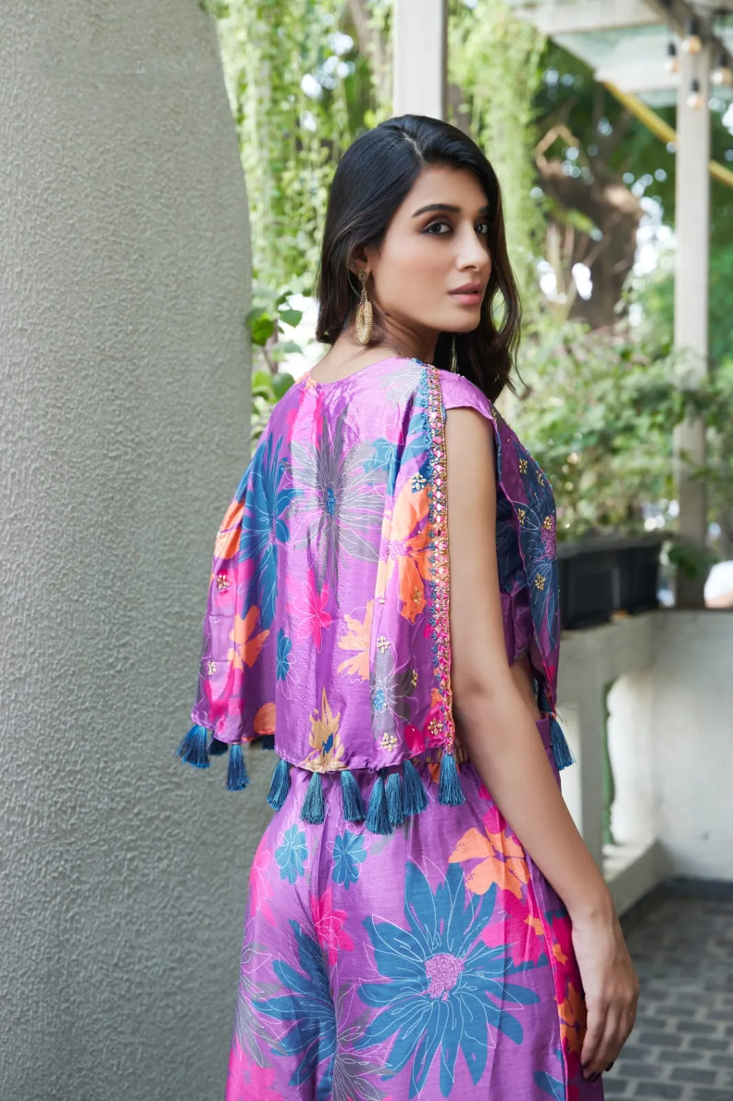Multicolour Ready-to-Wear Chinon Crop Top With Floral Printed & Embroidered Suit