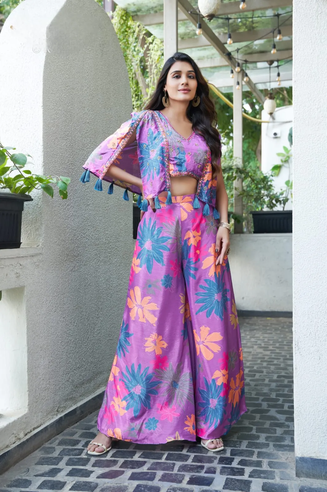 Multicolour Ready-to-Wear Chinon Crop Top With Floral Printed & Embroidered Suit