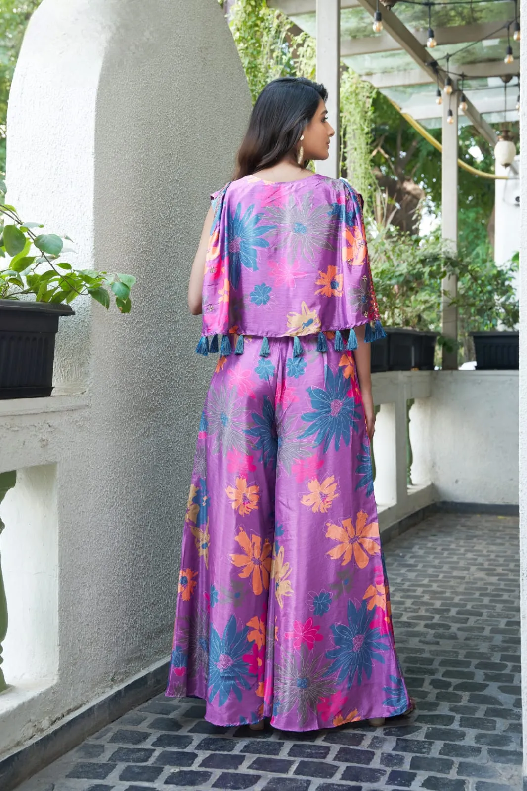Multicolour Ready-to-Wear Chinon Crop Top With Floral Printed & Embroidered Suit