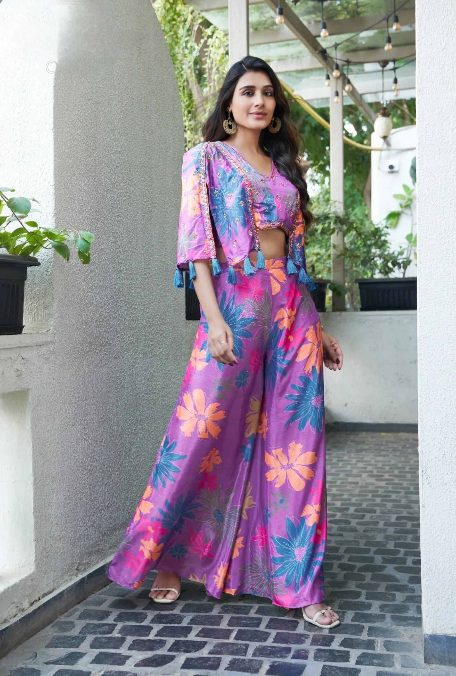Multicolour Ready-to-Wear Chinon Crop Top With Floral Printed & Embroidered Suit
