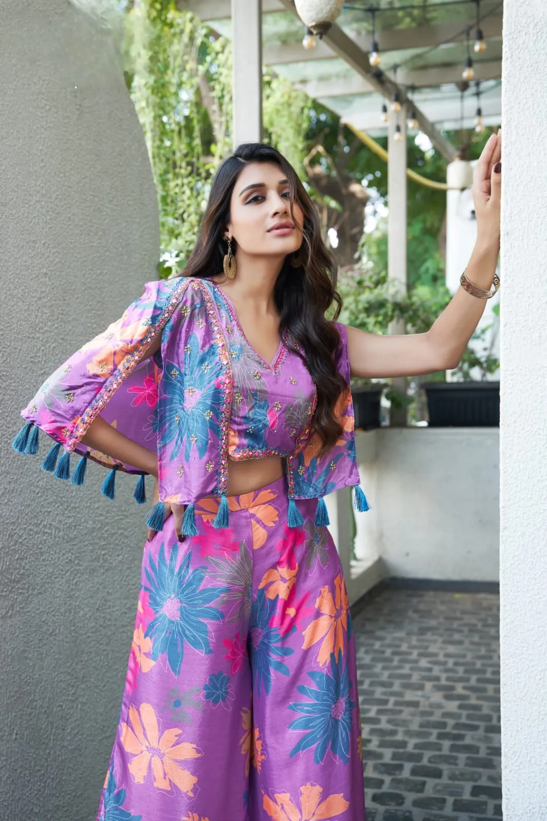 Multicolour Ready-to-Wear Chinon Crop Top With Floral Printed & Embroidered Suit