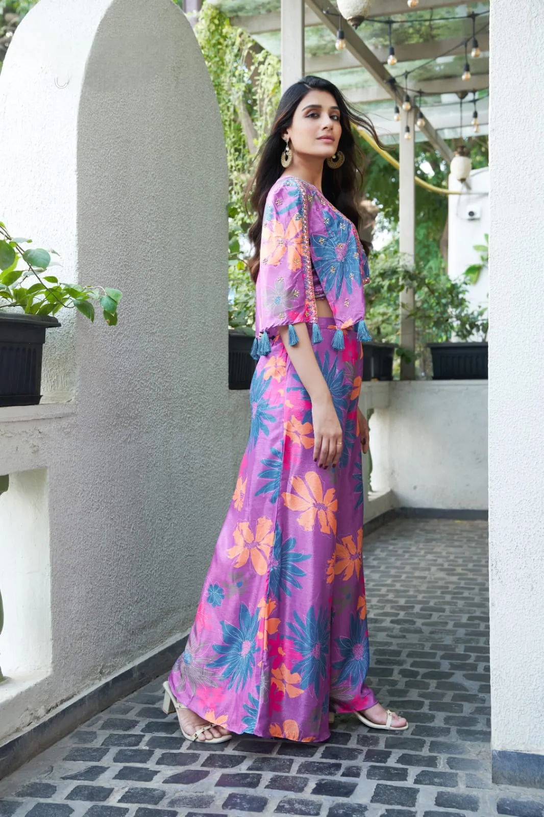 Multicolour Ready-to-Wear Chinon Crop Top With Floral Printed & Embroidered Suit