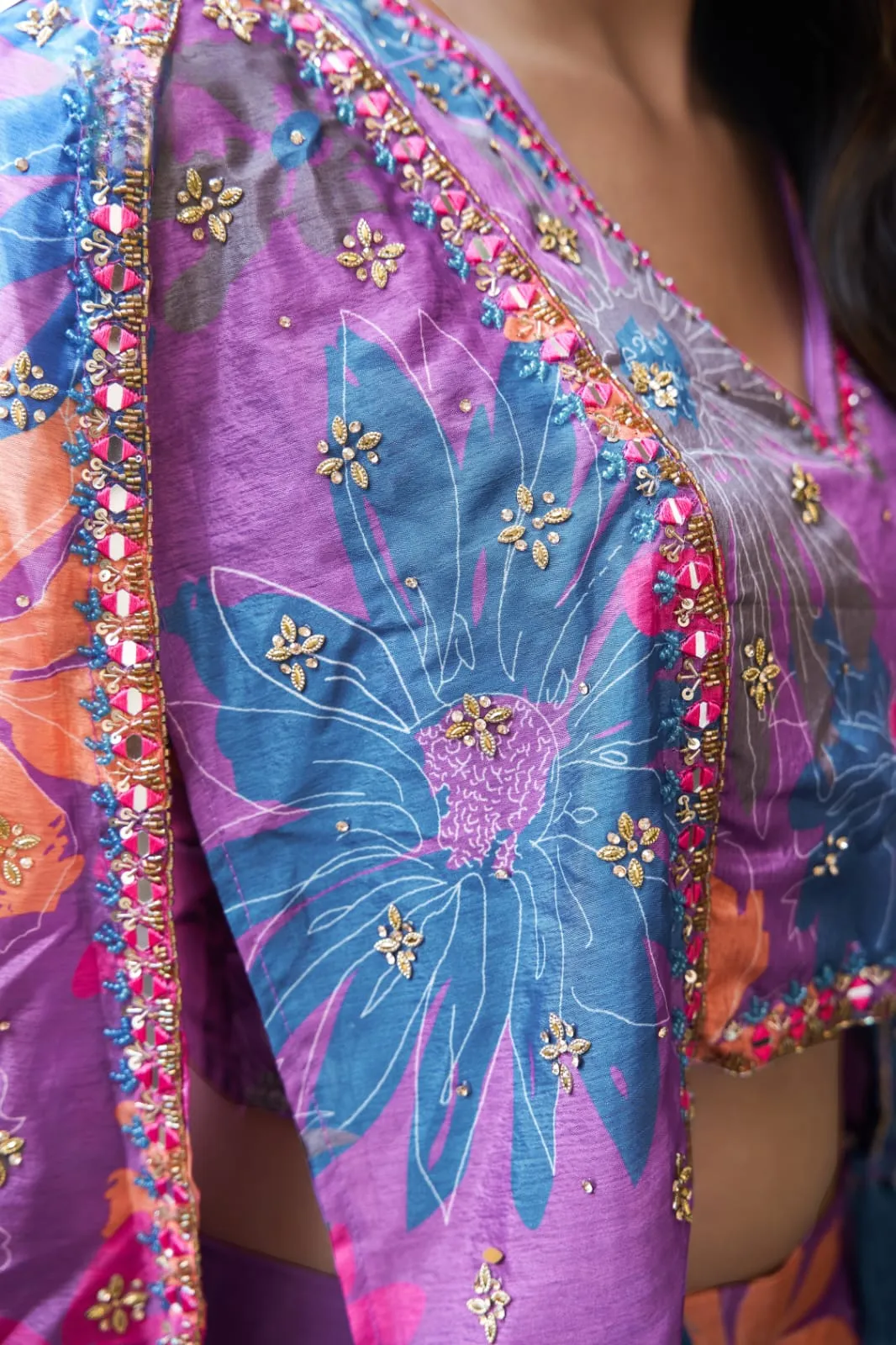 Multicolour Ready-to-Wear Chinon Crop Top With Floral Printed & Embroidered Suit