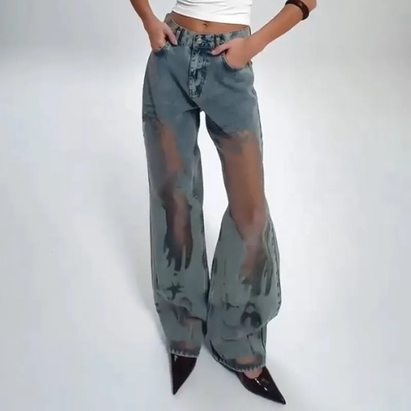 🌸NEW HOT SALE🔥💥Women's Vintage Mesh Patchwork Printed Jeans👖