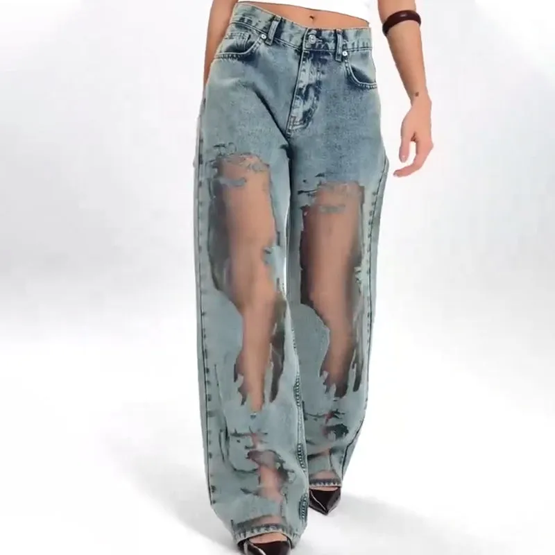 🌸NEW HOT SALE🔥💥Women's Vintage Mesh Patchwork Printed Jeans👖