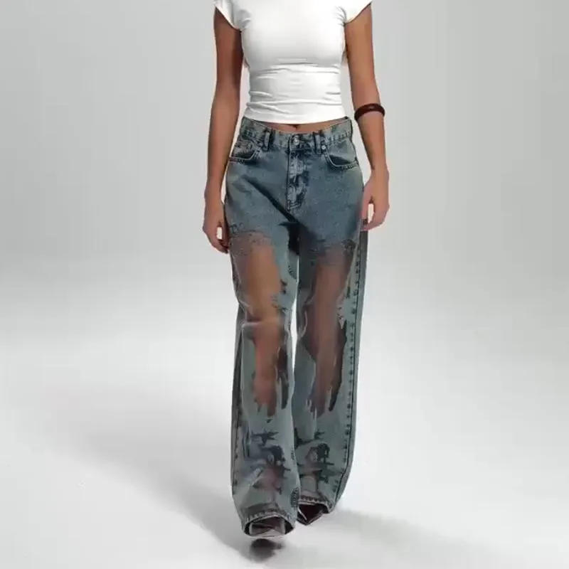 🌸NEW HOT SALE🔥💥Women's Vintage Mesh Patchwork Printed Jeans👖