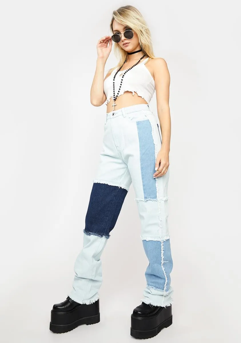 Patchwork Long Straight Leg Jeans