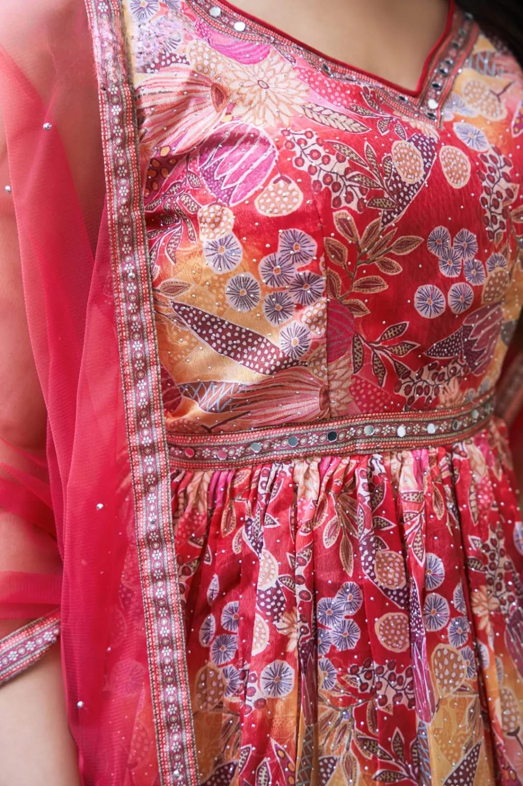Red Colour Ready-to-Wear Chiffon Crop Top Floral Printed & Embroidered Work With Paplon Style