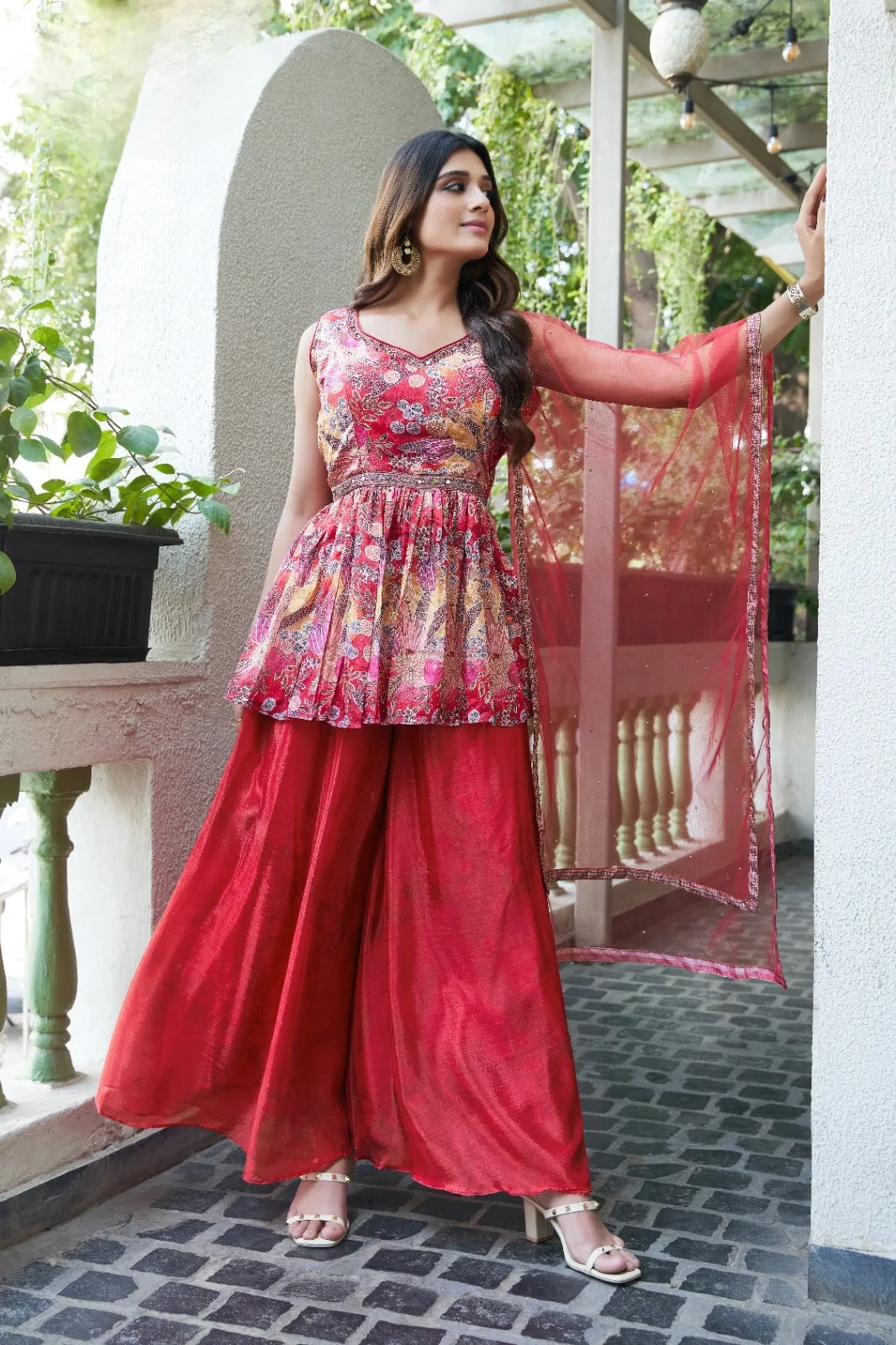 Red Colour Ready-to-Wear Chiffon Crop Top Floral Printed & Embroidered Work With Paplon Style