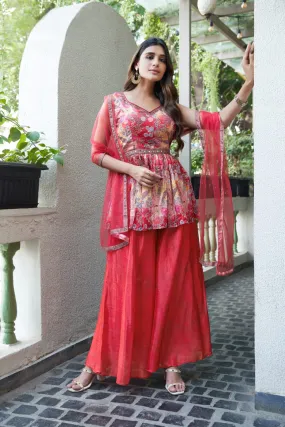 Red Colour Ready-to-Wear Chiffon Crop Top Floral Printed & Embroidered Work With Paplon Style