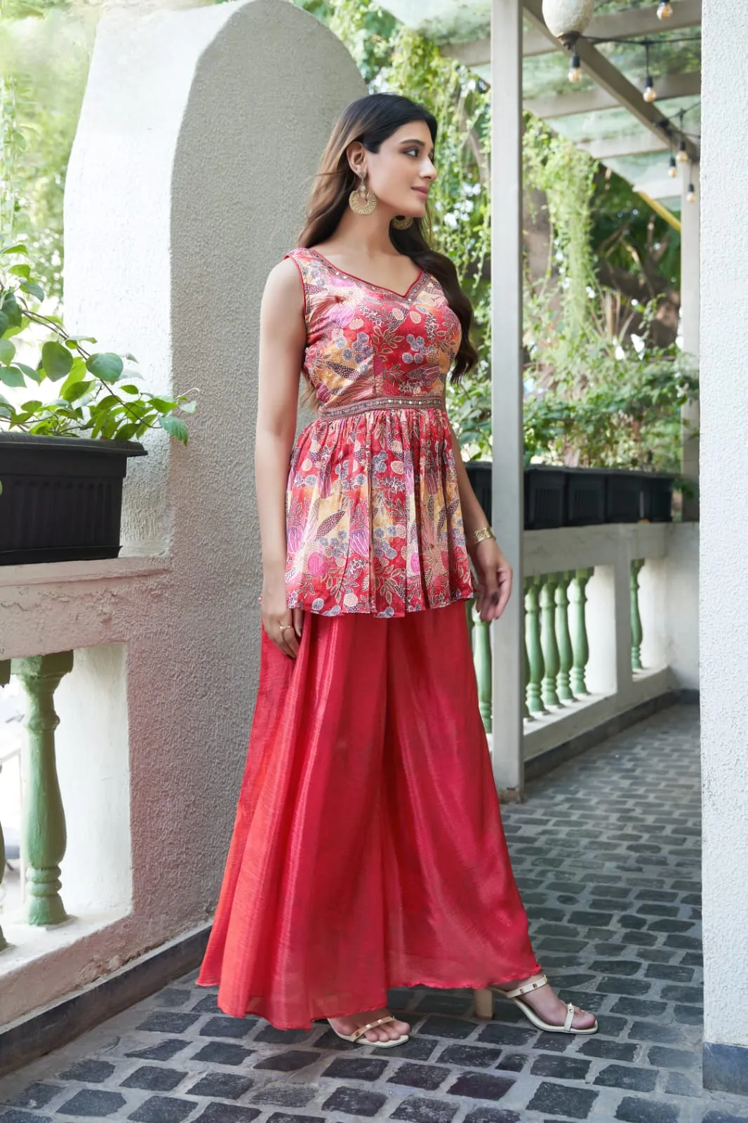 Red Colour Ready-to-Wear Chiffon Crop Top Floral Printed & Embroidered Work With Paplon Style