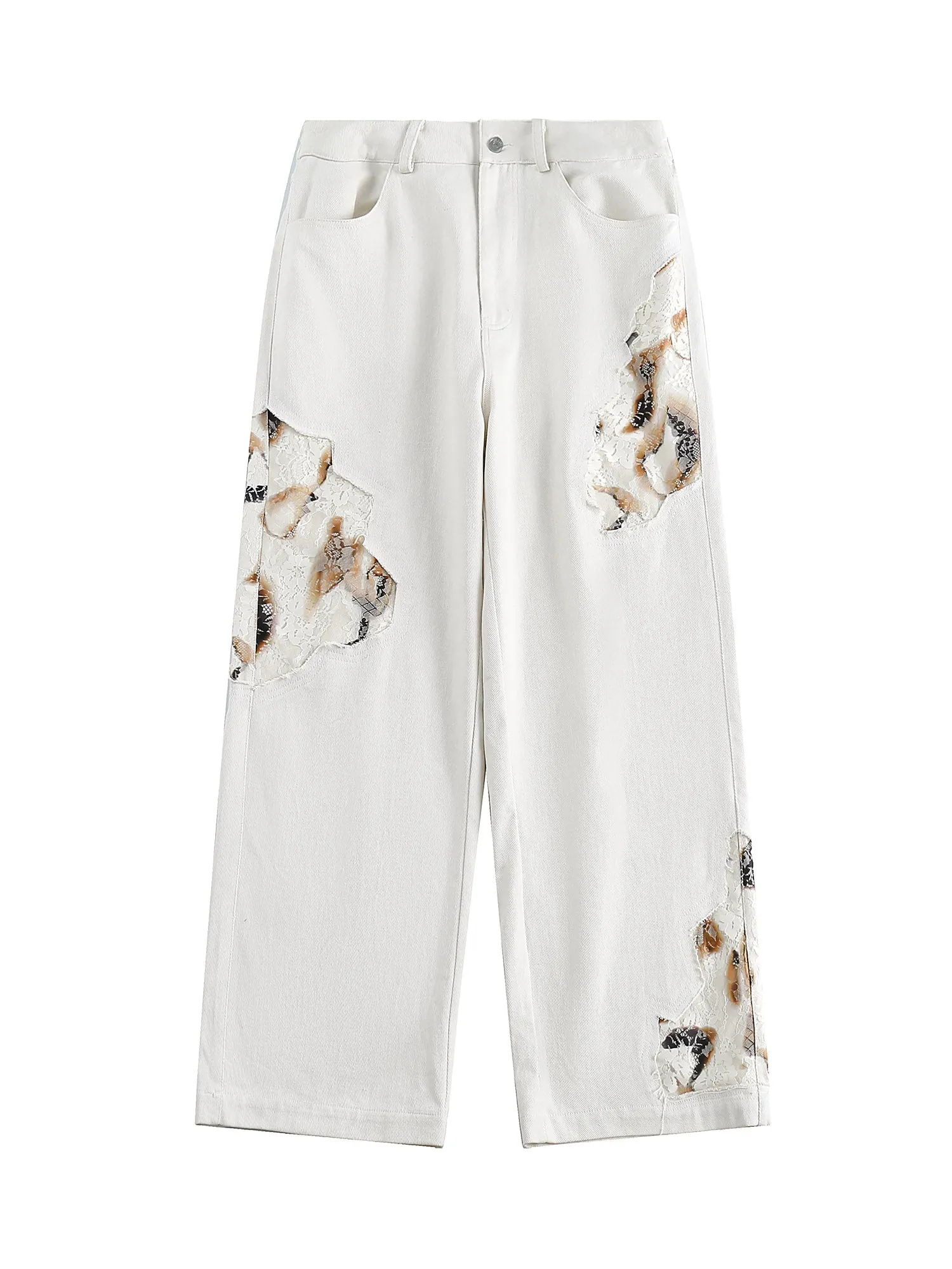 Sneakerhill American Retro Lace Patchwork Jeans