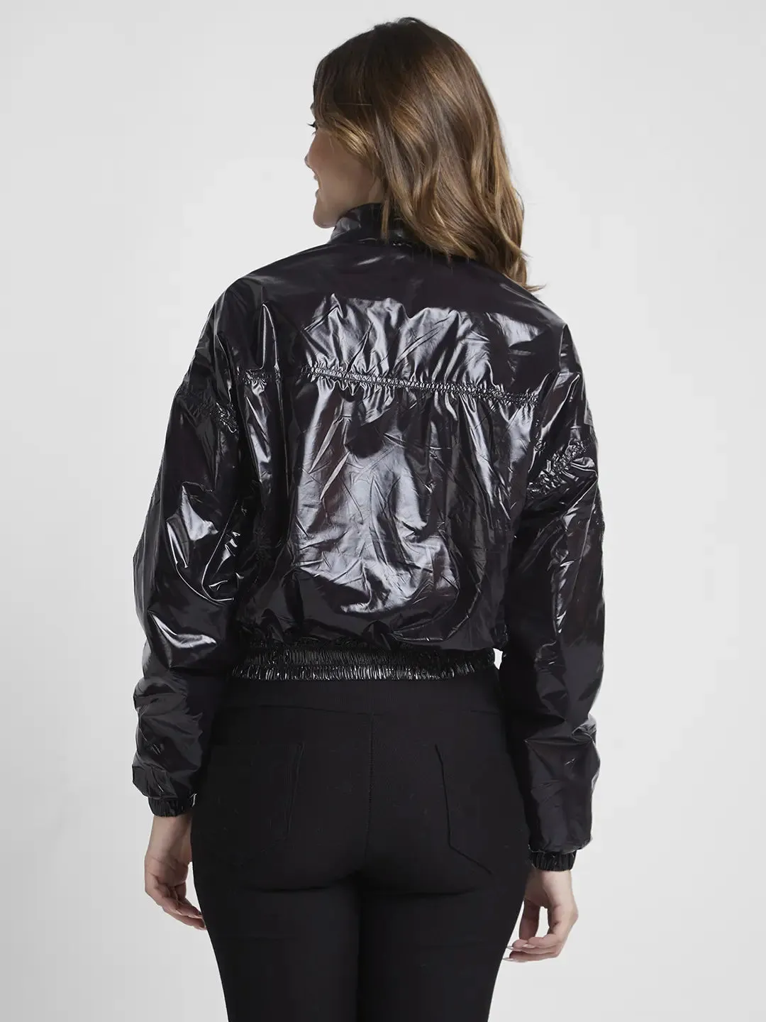 Spykar Women Black Slim Fit High Neck Plain Crop Jacket