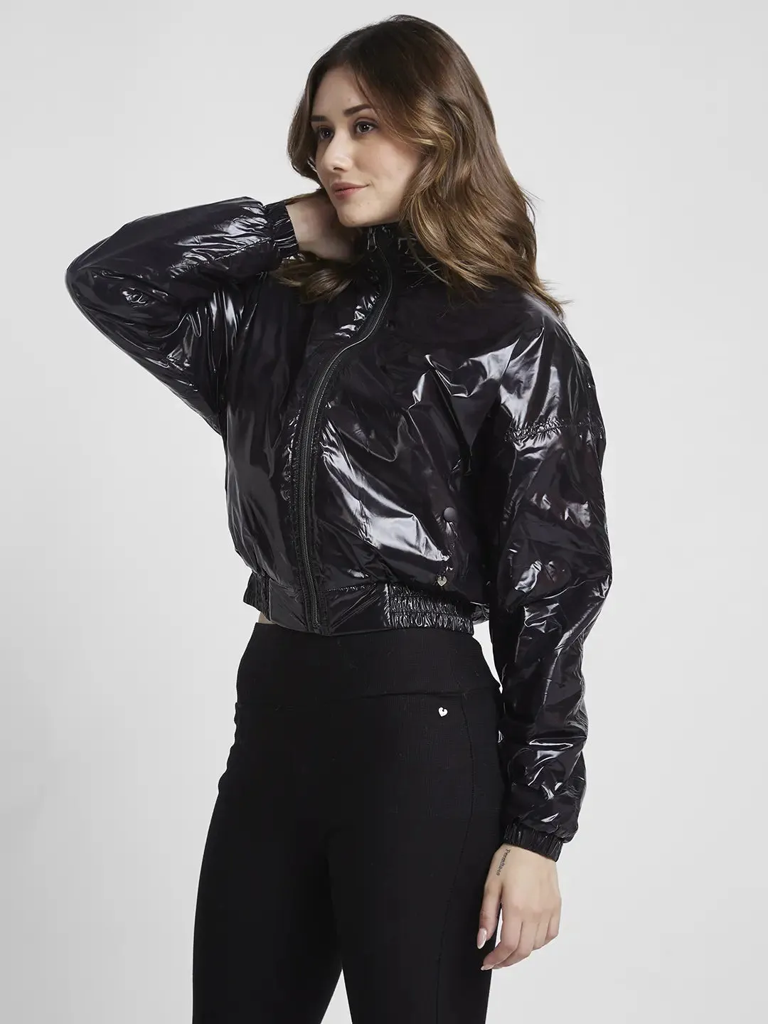 Spykar Women Black Slim Fit High Neck Plain Crop Jacket