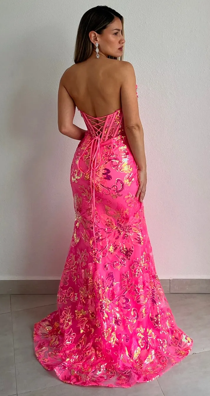 Striking Aura Hot Pink Sequins Formal Gown
