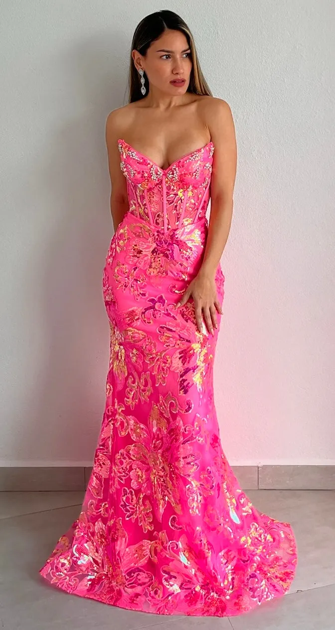 Striking Aura Hot Pink Sequins Formal Gown