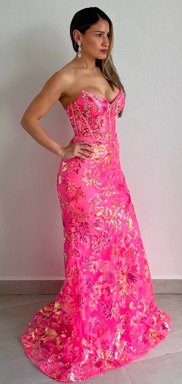 Striking Aura Hot Pink Sequins Formal Gown