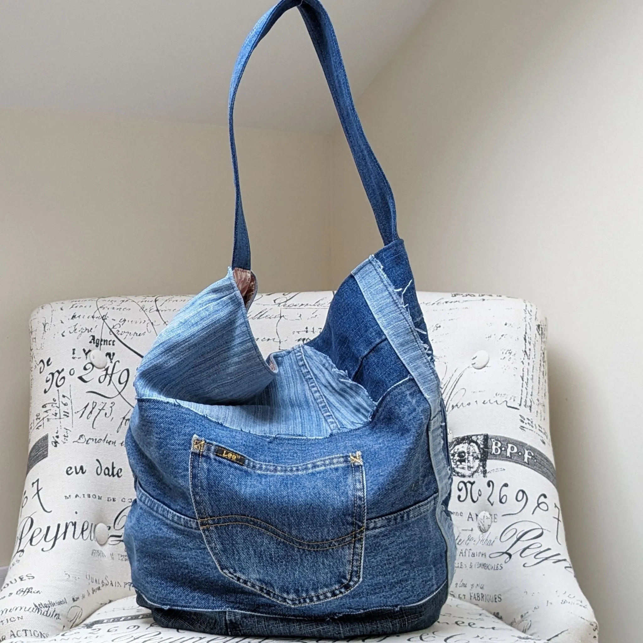 Upcycled Jeans Shoulder Bag with Ditsy Roses Lining