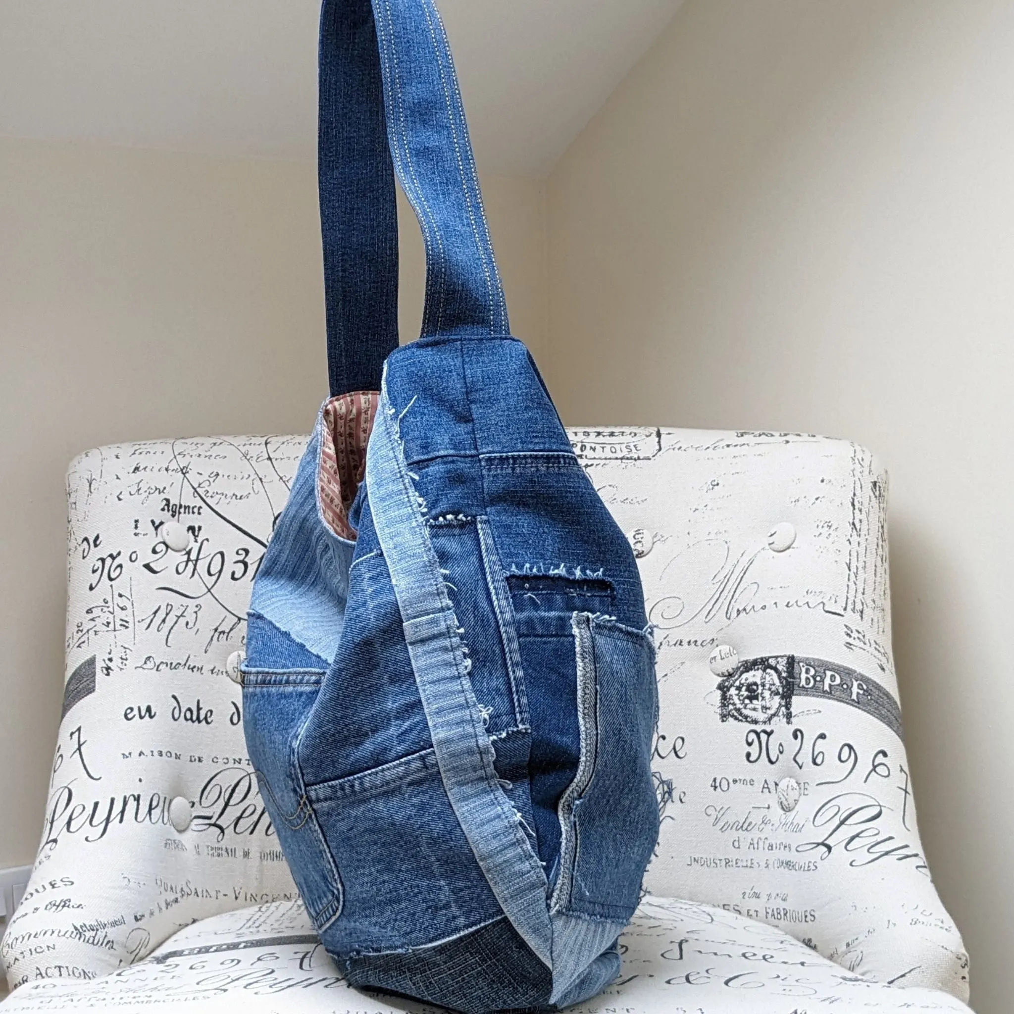 Upcycled Jeans Shoulder Bag with Ditsy Roses Lining