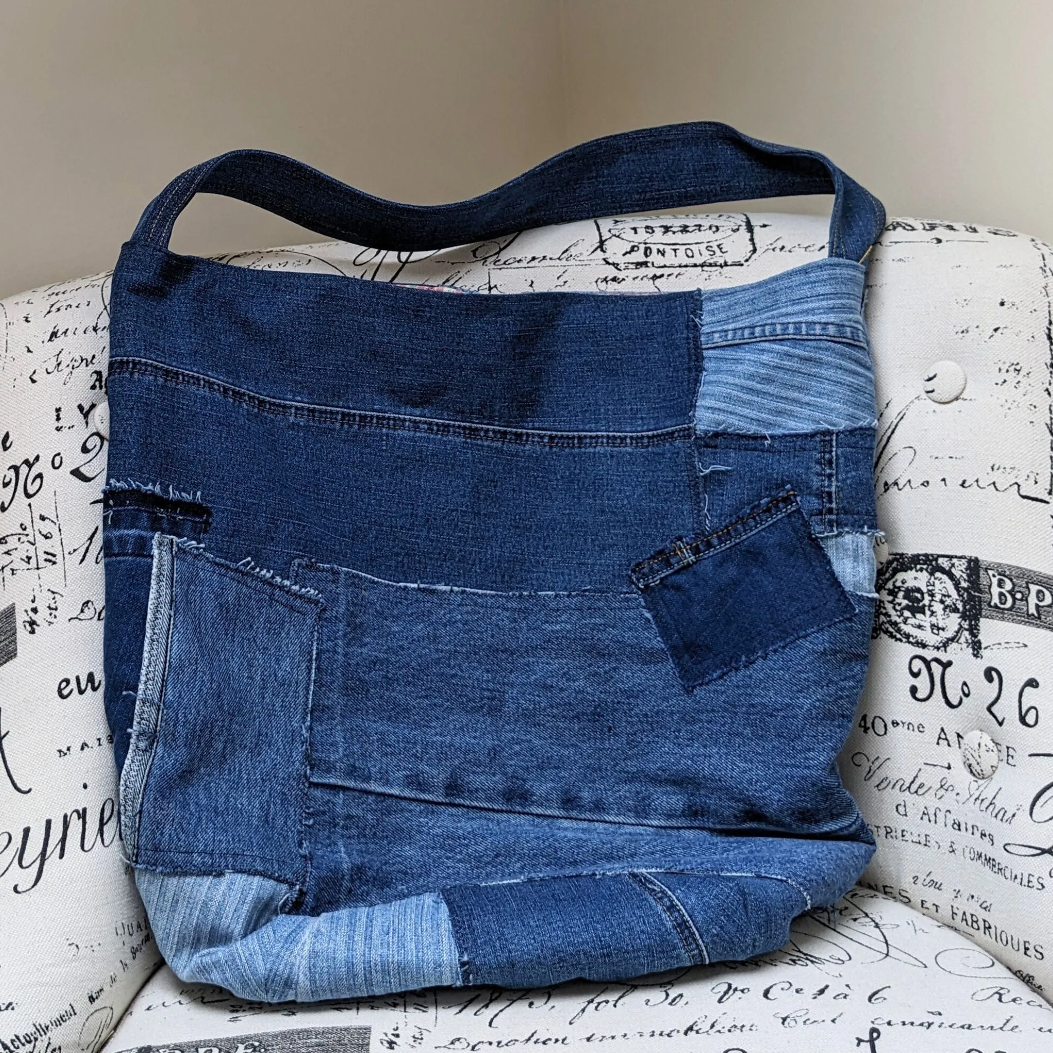 Upcycled Jeans Shoulder Bag with Ditsy Roses Lining