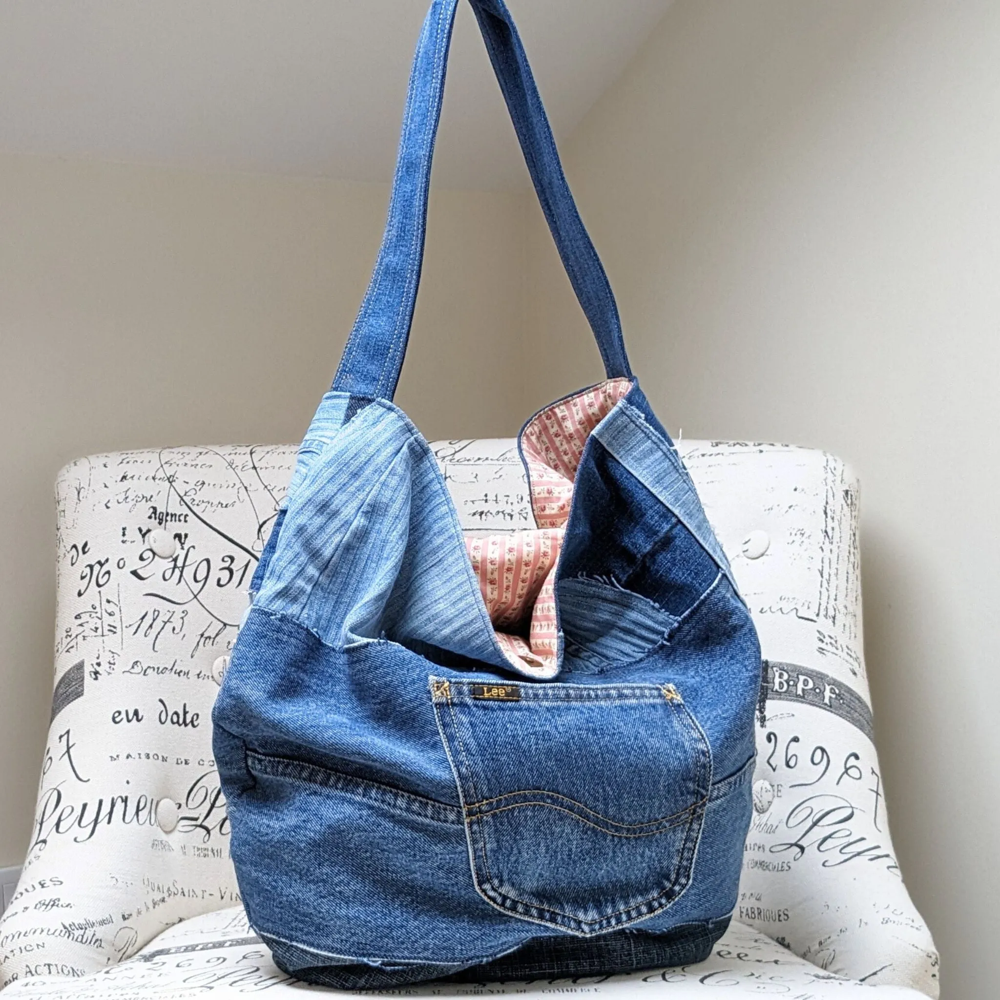Upcycled Jeans Shoulder Bag with Ditsy Roses Lining