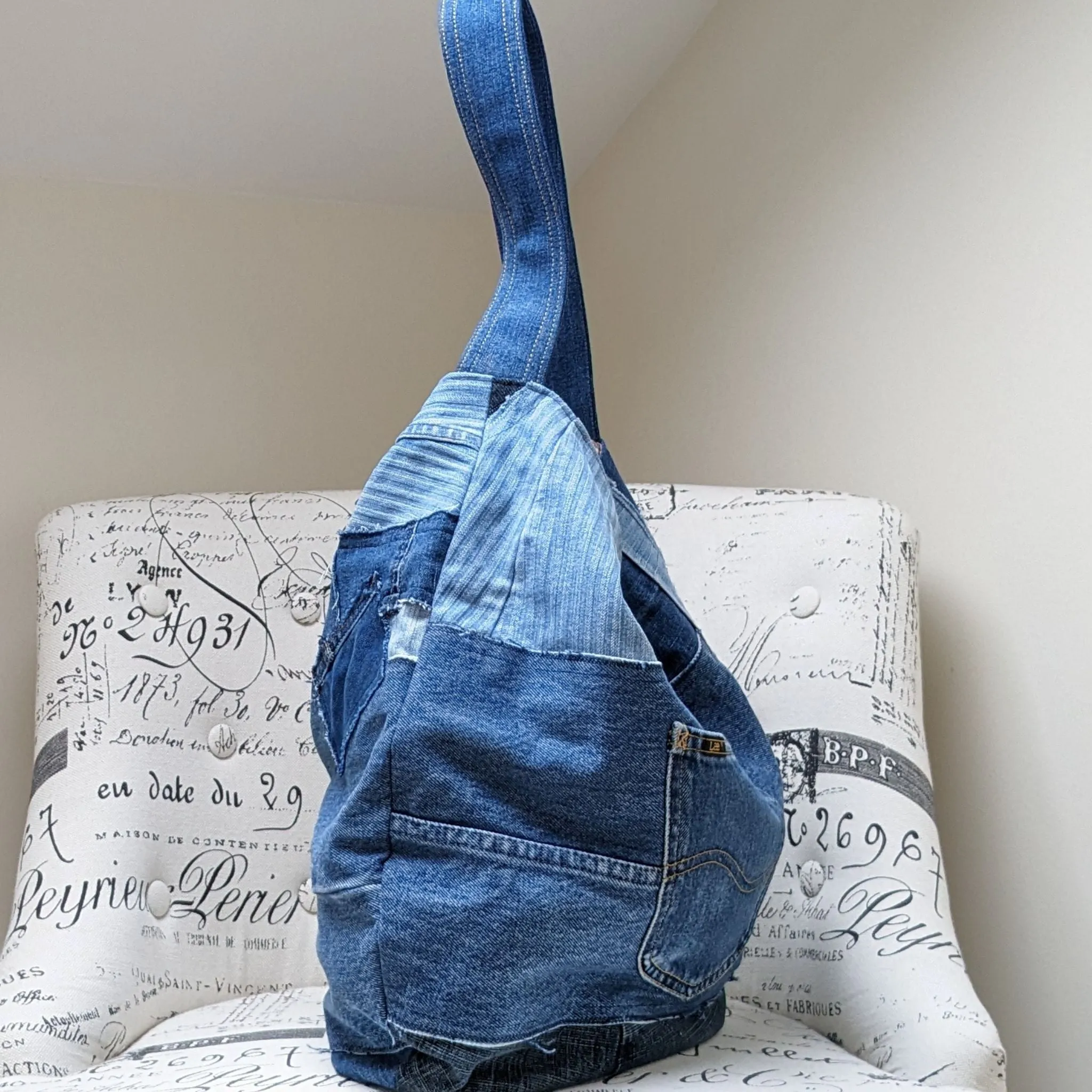 Upcycled Jeans Shoulder Bag with Ditsy Roses Lining