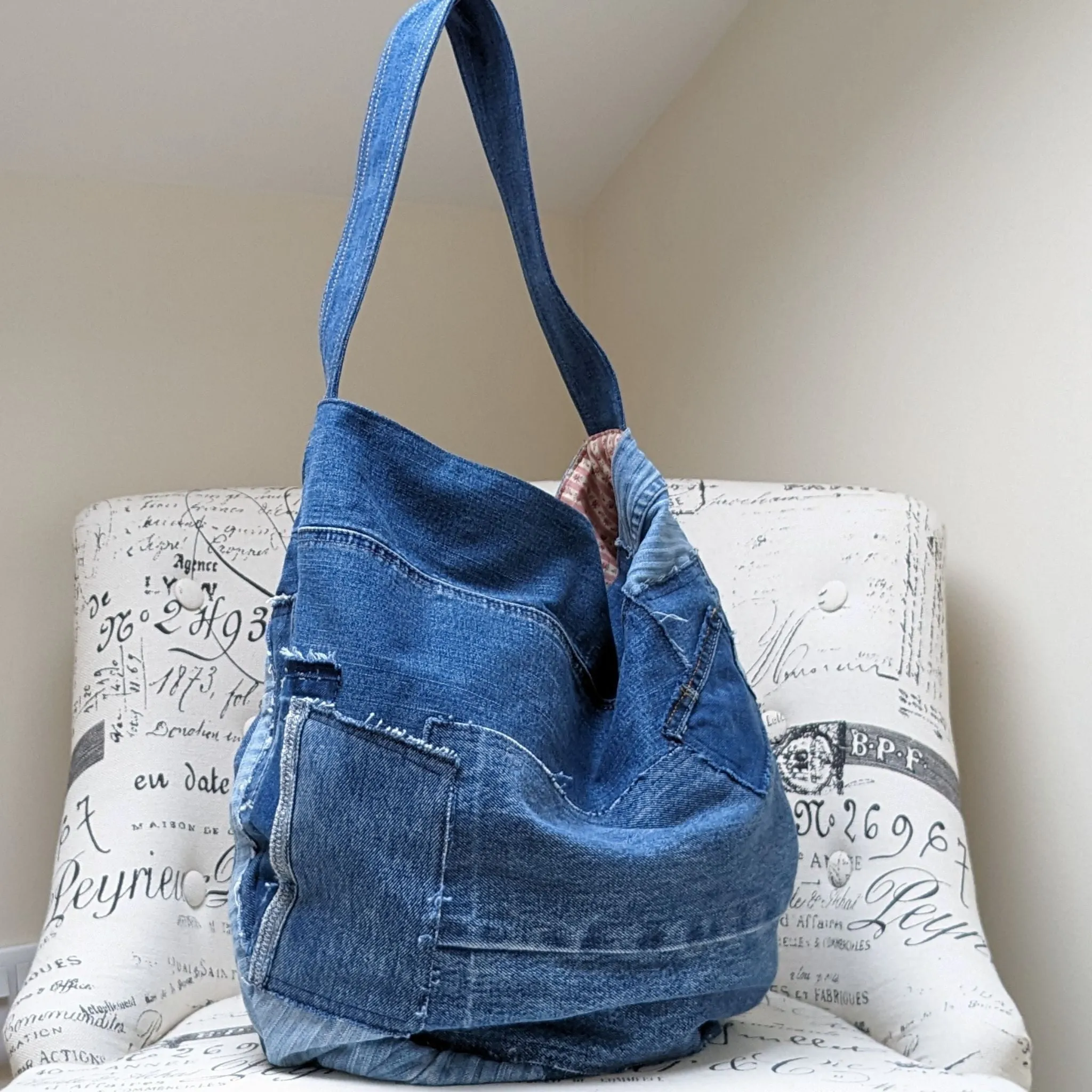 Upcycled Jeans Shoulder Bag with Ditsy Roses Lining