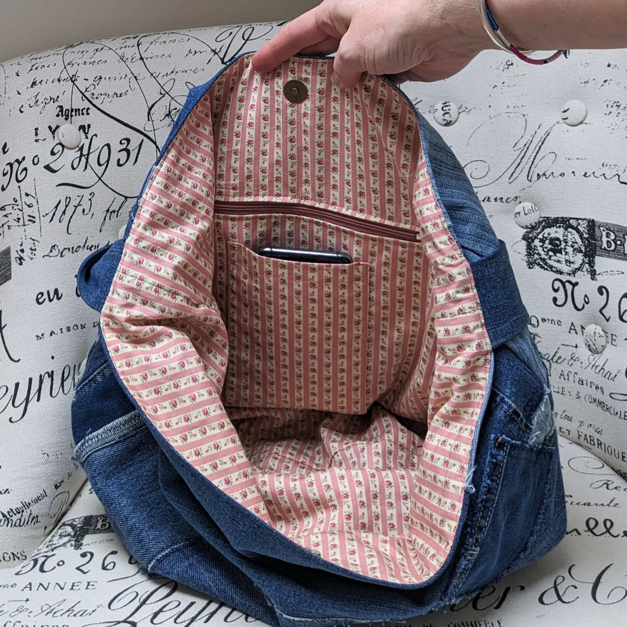 Upcycled Jeans Shoulder Bag with Ditsy Roses Lining