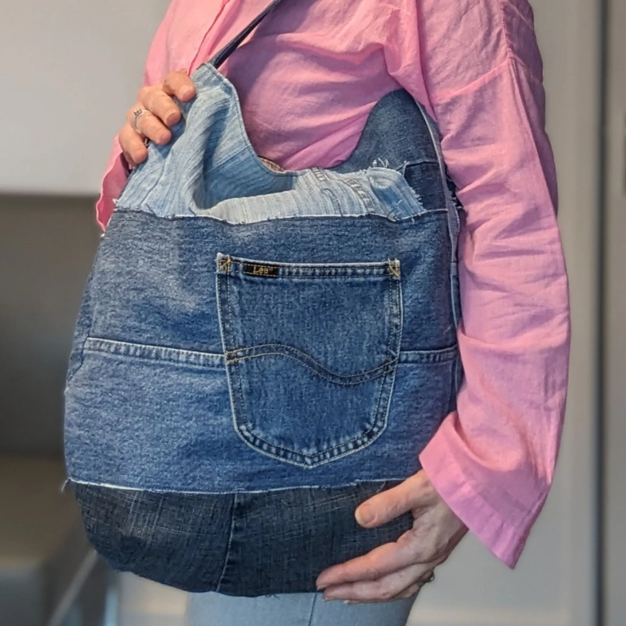 Upcycled Jeans Shoulder Bag with Ditsy Roses Lining
